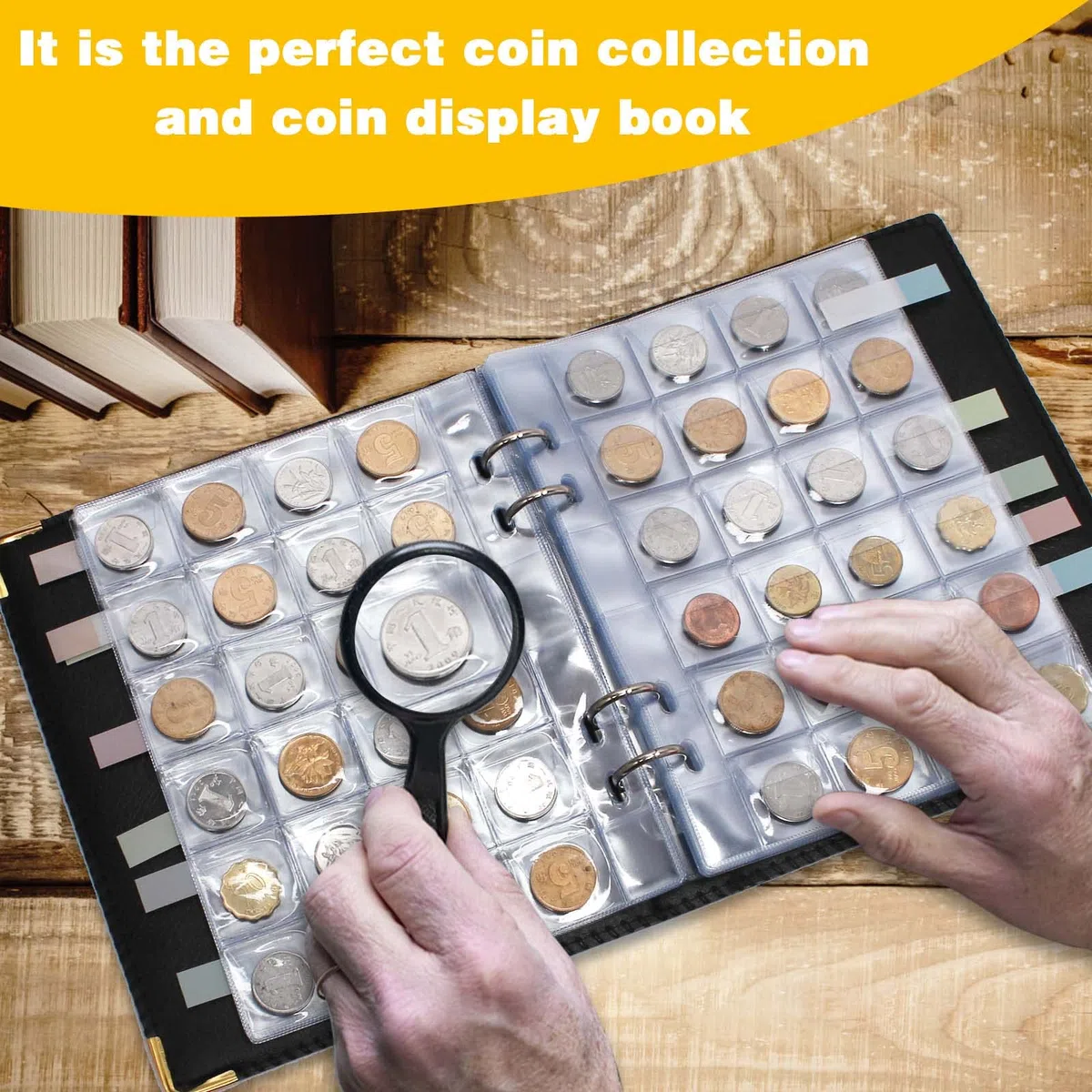 20 pagine/480 Tasche Album della Collezione di Monete, 3x3cm Raccoglitore Coin Penny con 400 Adesivi