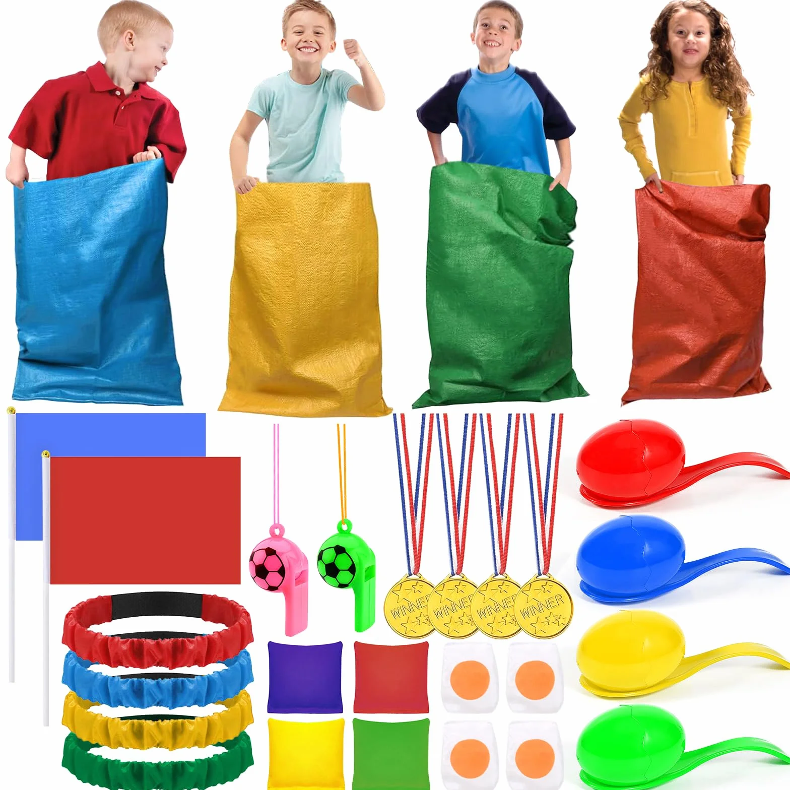 Giochi da Giardino per Bambini, 4 in 1 Giochi All'aperto per bambini, Sacchi di Sabbia, Uova e cucchiai, 3 Giochi di Corse di Gambe, Giochi da Giardino per feste di compleanno