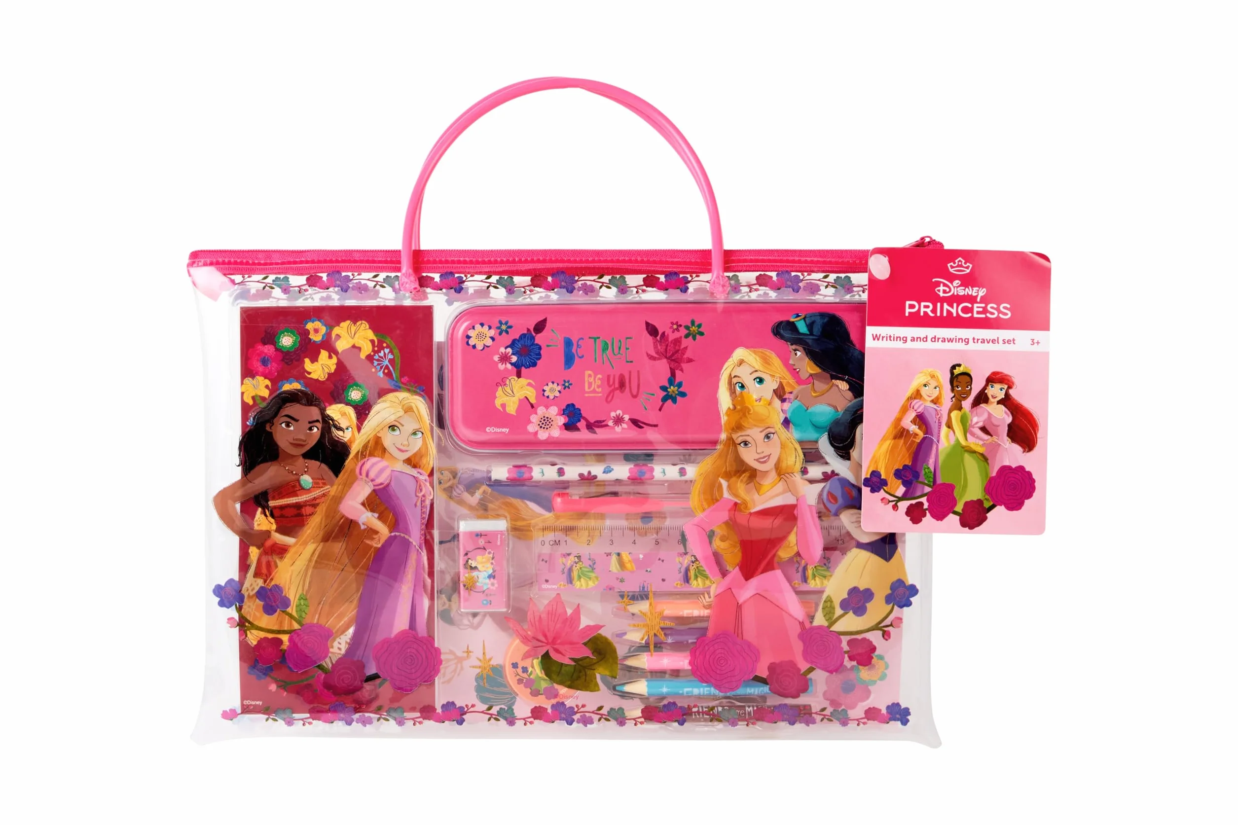 Disney Princess Set da viaggio per scrivere e disegnare con Vaiana, Cenerentola e Rapunzel, set creativo per bambini con astuccio, penne e fogli da colorare, set da scrittura regalo per ragazze