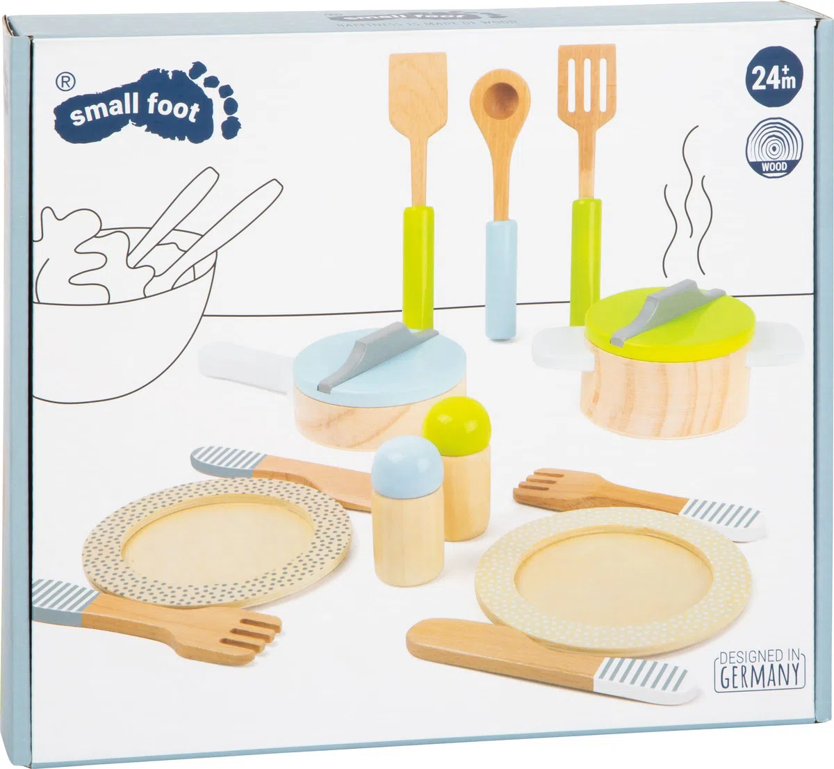 Small Foot- Set stoviglie e pentole Bambini, in Legno, 15 Pezzi, Un complemento Perfetto per Ogni Cucina da Gioco Ideale cucinetta, pz, 11098, Multicolore