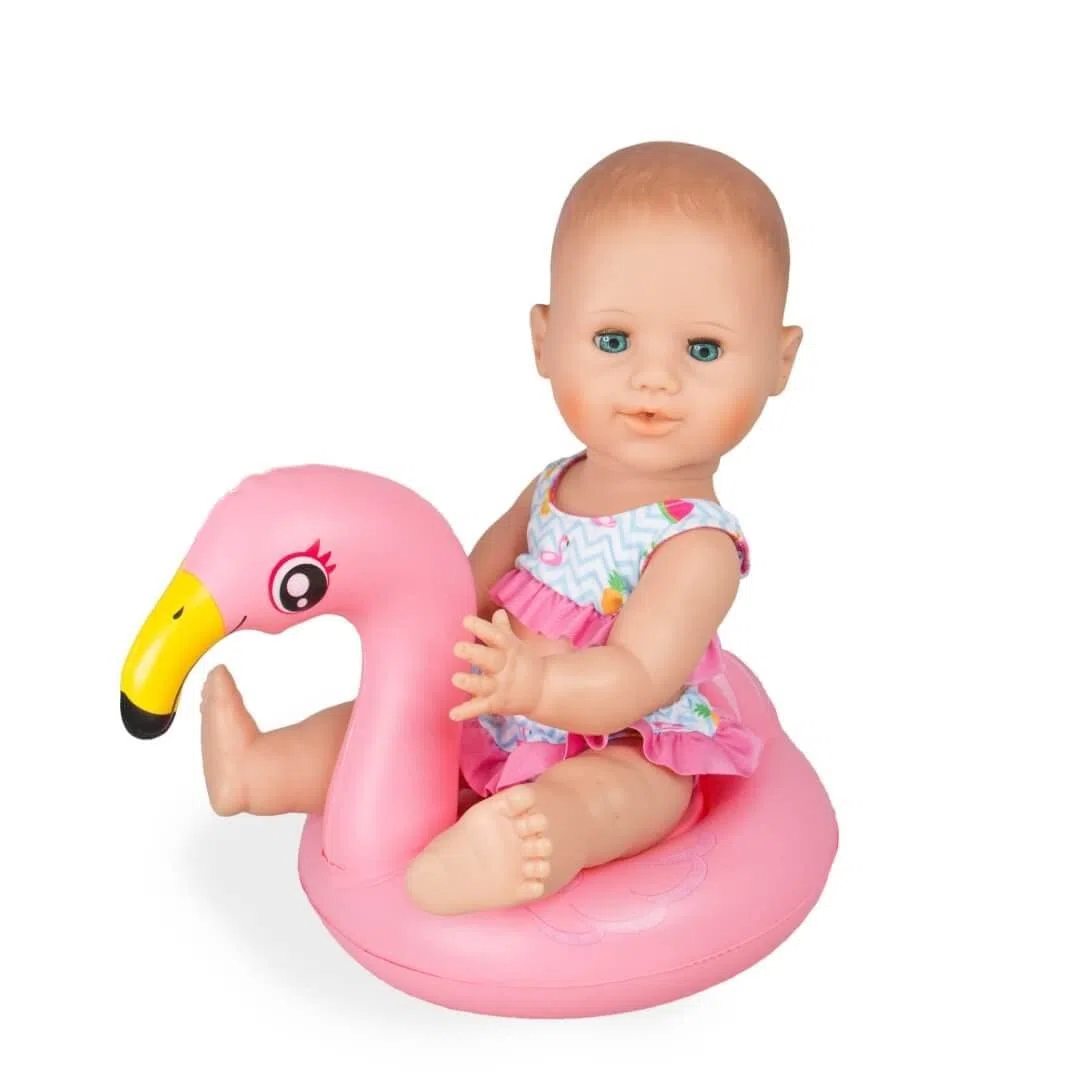 Heless 99 - Set da Nuoto per Bambole, 3 Pezzi, Fenicottero Ella, Bikini, Infradito e Anello Galleggiante, Misura 35-45 cm, per Divertimento nelle Calde giornate estive