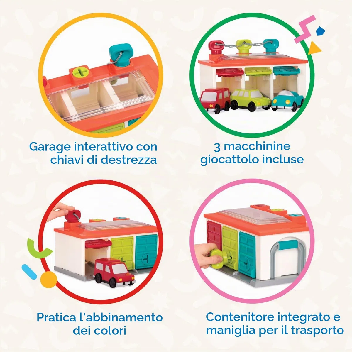 Battat - Garage per 3 Auto - Garage per Auto Playset - Giocattolo Causa-Effetto - Giocattolo di smistamento con codice Colore - 2 Anni +