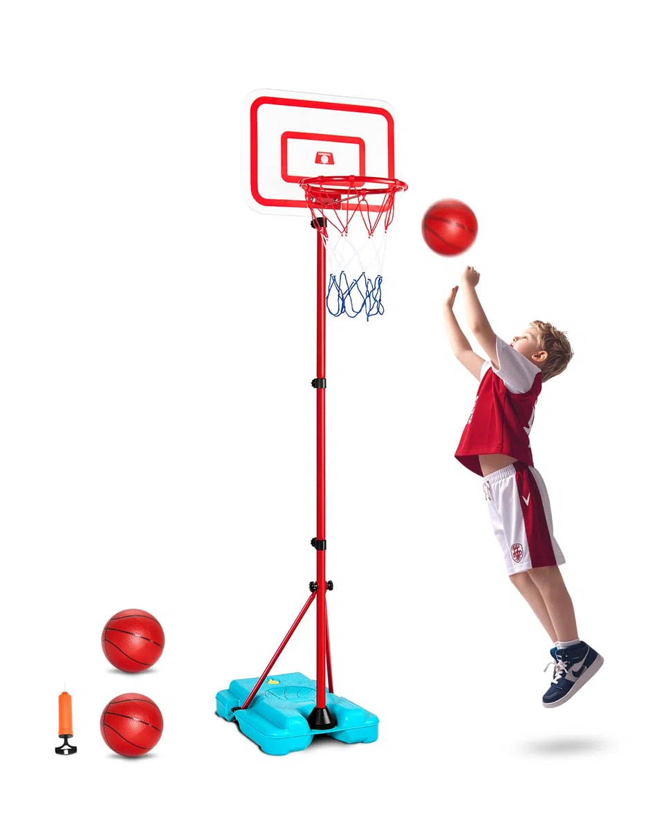VEVOR Canestro da Basket per Bambini, Altezza Regolabile, Campo da Basket Portatile con Base Riempibile, Gioco Sportivo da Giardino per Interni ed Esterni, Giocattoli da Basket per Bambini, Rosso Blu