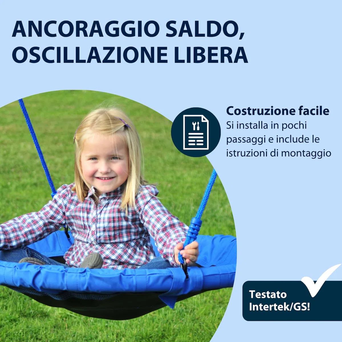 HUDORA Altalena a nido 90 - altalena nido in plastica blu per carico fino a 100kg - altalena con diametro di 90cm per interni ed esterni - Altalena familiare regolabile per bambini e adulti