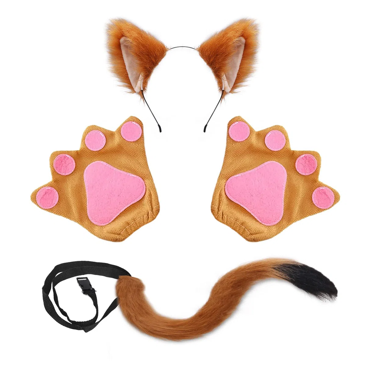TSHAOUN 4 Pezzi Finto Peloso Volpe Gatto Orecchie Cosplay Set, Costume Peluche Artiglio Orecchie Coda per Dress Up Carino Costume Party