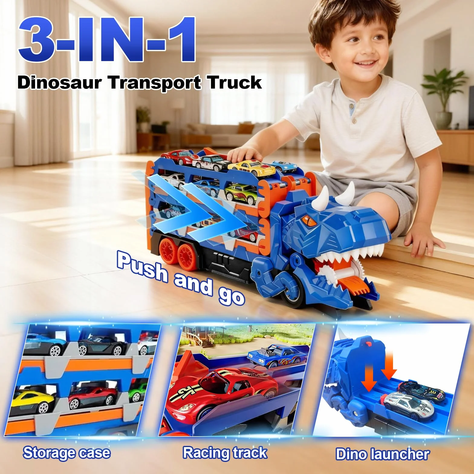 Camion Trasporto Dinosauri, Transporter Truck Macchinine Giocattoli con 12 Auto da Corsa e Pista Pieghevole Camion Trasportatore di Dinosauri Giocattolo Regalo per Ragazzi dai 2 3 4 5 6 7 Anni