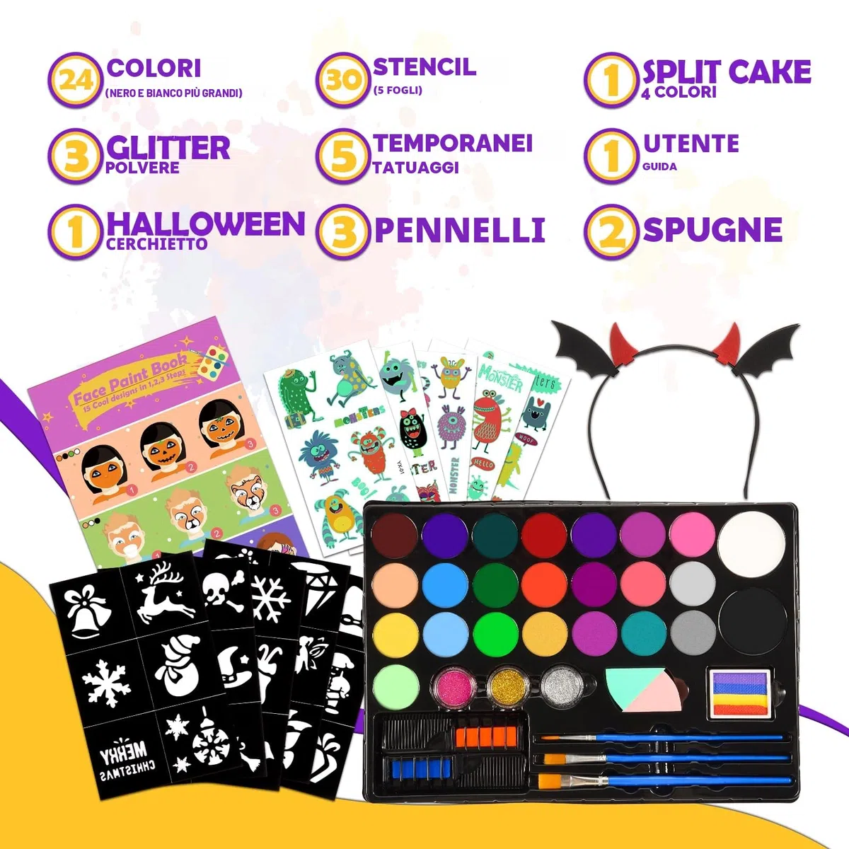 Truccabimbi Kit - 28 Colori Truccabimbi Kit Anallergici Atossici Professionali con 3 Pennelli 30 Stencil Regalo Bambina 3 4 5 6 7 8 9 Anni- Trucca Bimbi Viso Bambini per Halloween, Carnevale, Pasquale