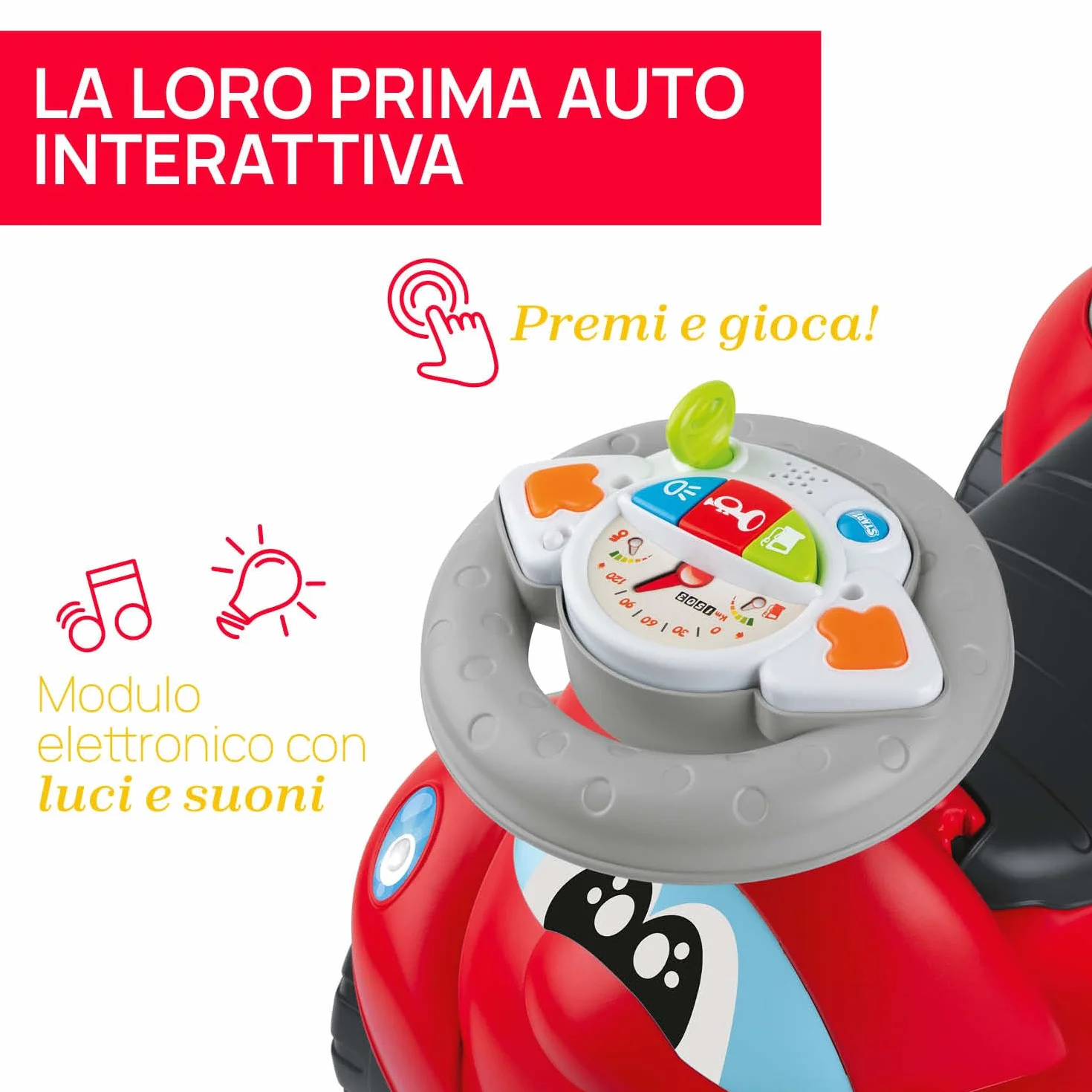 Chicco Billy Walk&Ride Eco+, Primi Passi, Girello e Cavalcabile, Assemblaggio Semplice, Manubrio Ergonomico, Ruote Larghe, Con Suoni e Luci di Guida, in Plastica Riciclata, Bambini 12-36 Mesi, Rosso