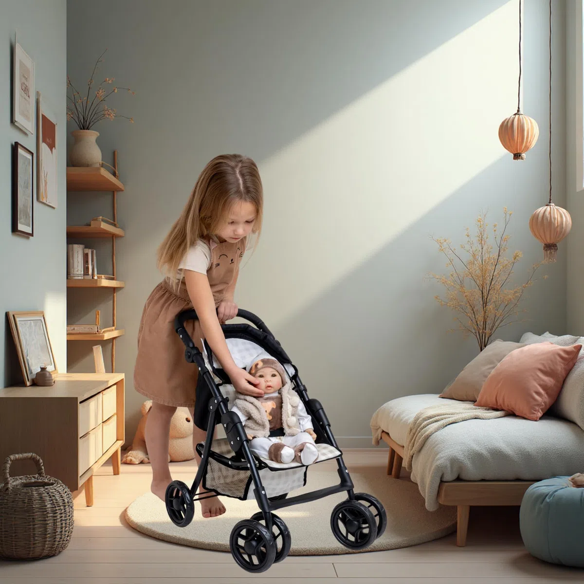 Doris - Passeggino per bambole Passeggino - Passeggino per bambole - Ruote girevoli, maniglia regolabile, cabina pieghevole, leggero e stabile, regalo perfetto per una bambina