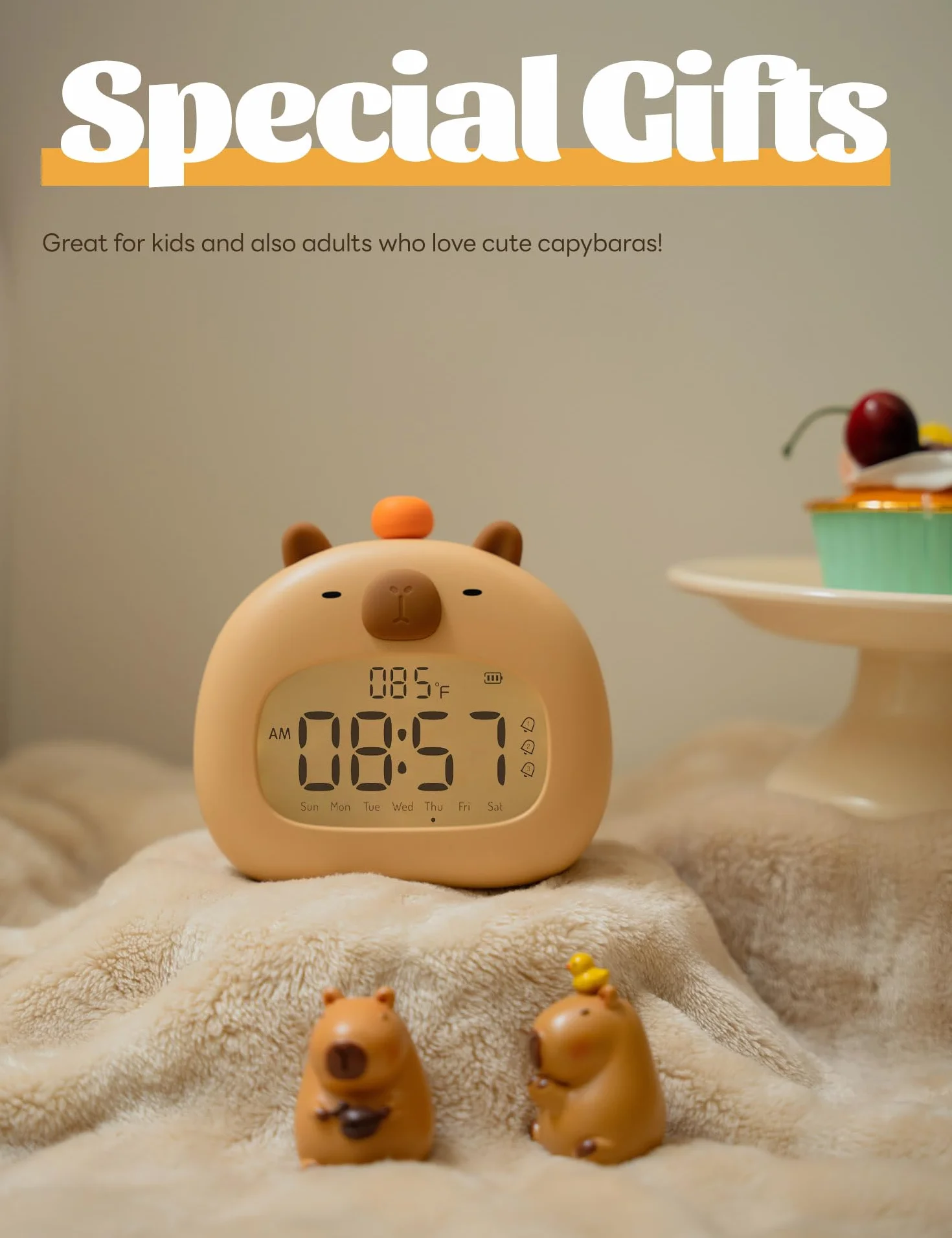 IHALO Capibara Sveglia Bambini, Comodino con Luce Notturna, Display Digitale LED 3,15 Pollici, Tre Allarme, Modalità Weekend, Data, Ora, Temperatura, Ricaricabile, Decorazione Cameretta per Bebè