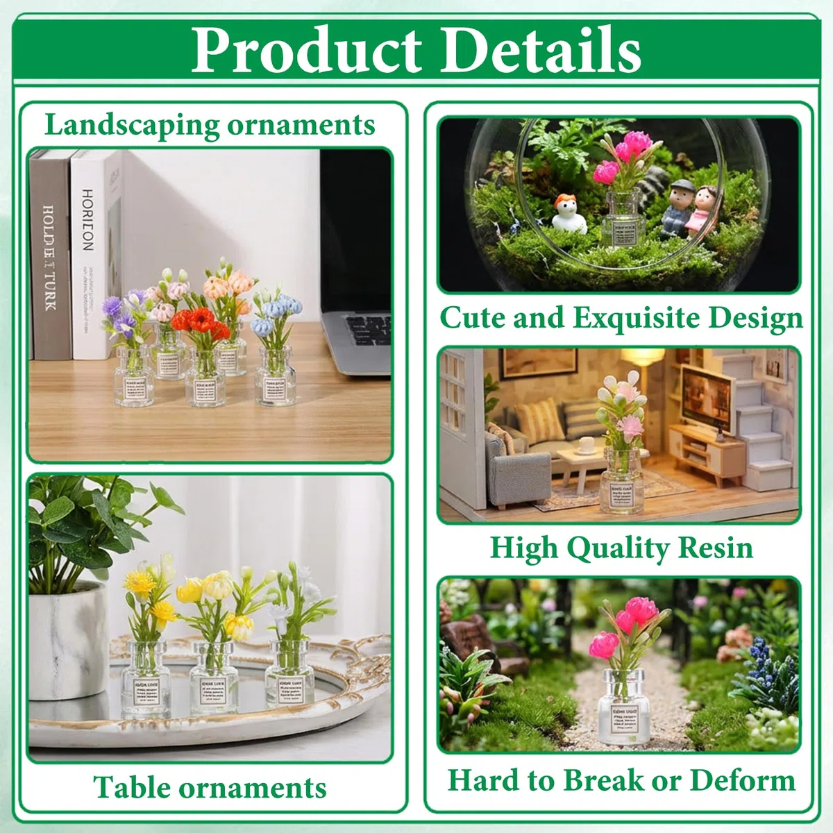 Ptwola 10 fiori in miniatura, pianta per casa delle bambole in vaso, realistico, vaso di vetro floreale, decorazione per la casa, piccole composizioni di piante, decorazione per case piccole, micro
