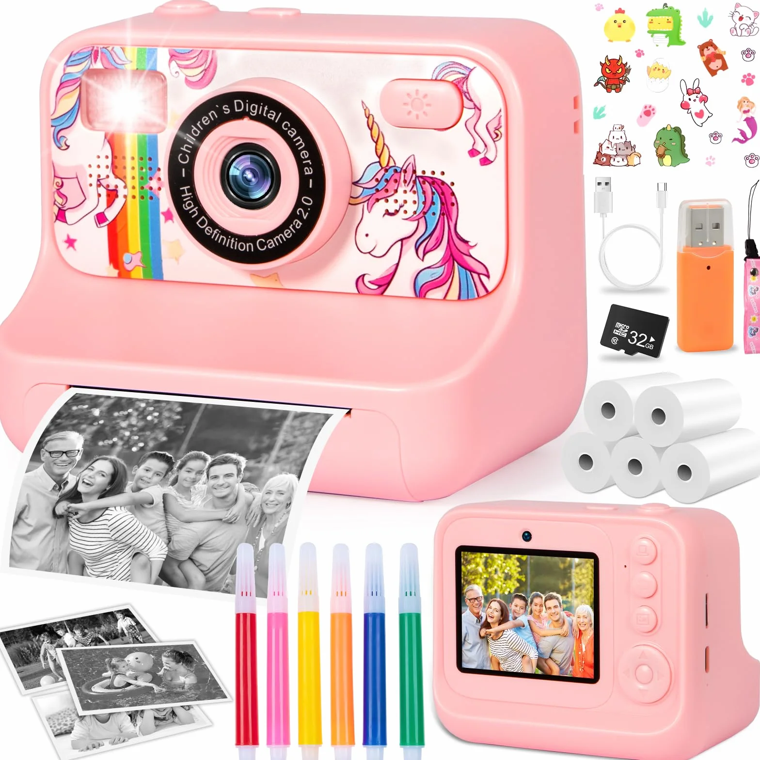 Macchina Fotografica Bambini Istantanea, 2.4" 1080P Fotocamera Bambini con 32 GB Schede e Carta da Stampa, Macchina Fotografica Bambino, 180 °Flip Len,Regali per Ragazzi Ragazze da 3-12 Anni
