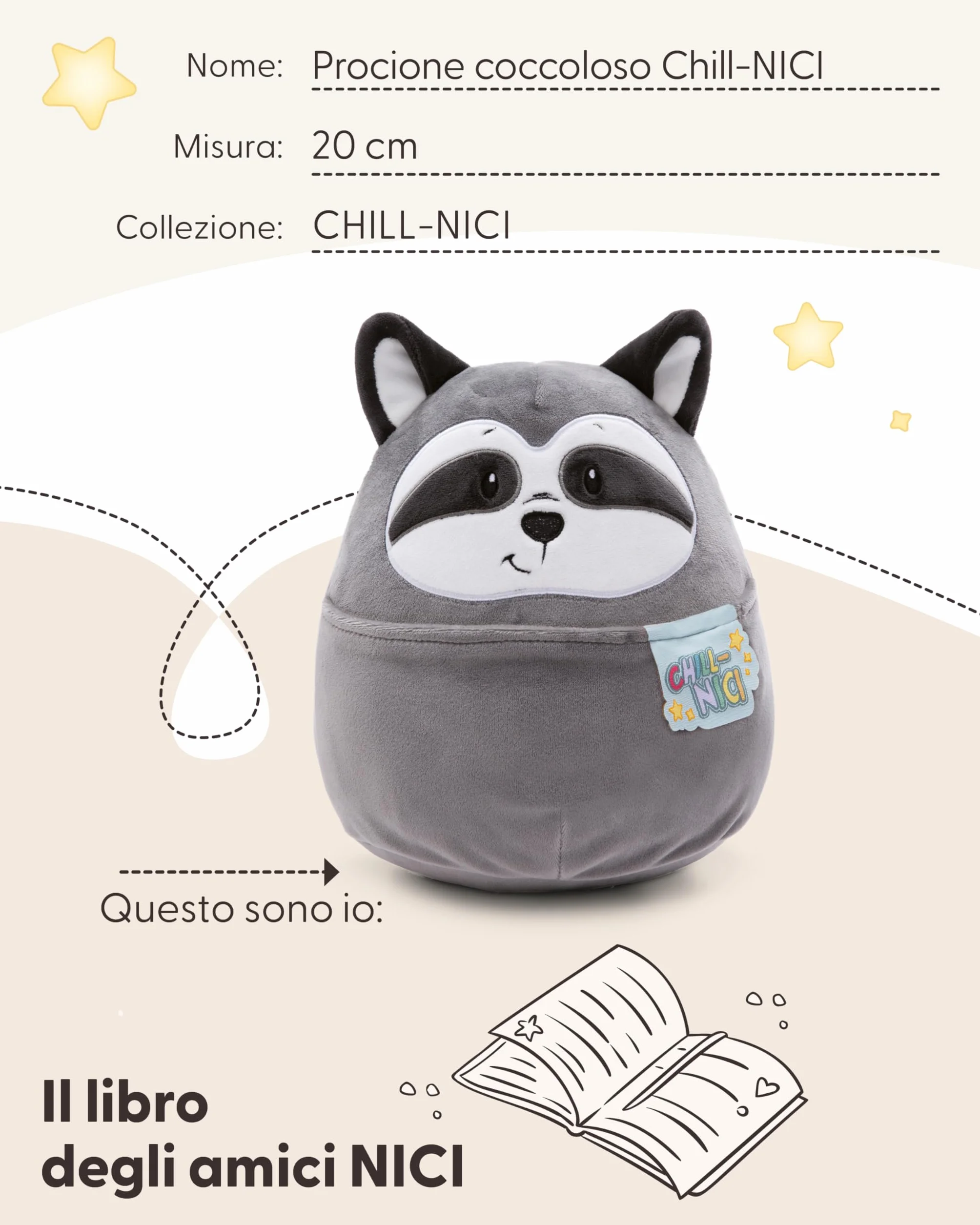 NICI peluche Chill-NICI procione 20cm - Soffice peluche procione con coda per bambine, bambini e neonati, Peluche coccoloso - 49884