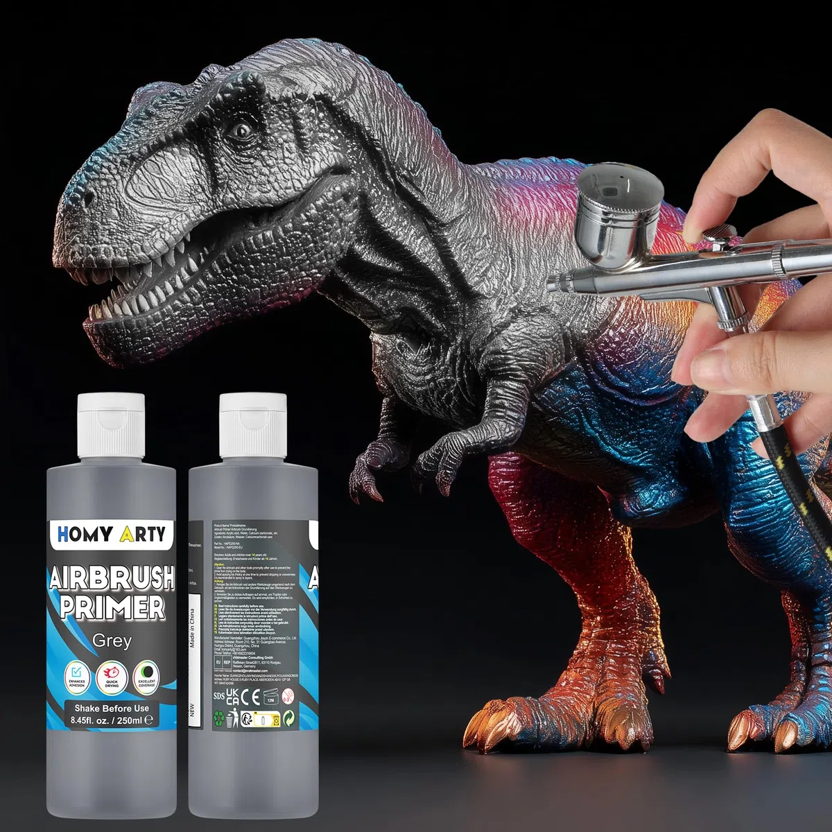 HOMY ARTY Primer per Aerografo - Primer Acrilico Grigio per Aerografo, 250 ml Asciugatura Rapida Finitura Opaca, Vernice Primer con Eccellente Adesione per Modellini in Plastica, Metallo e Tela