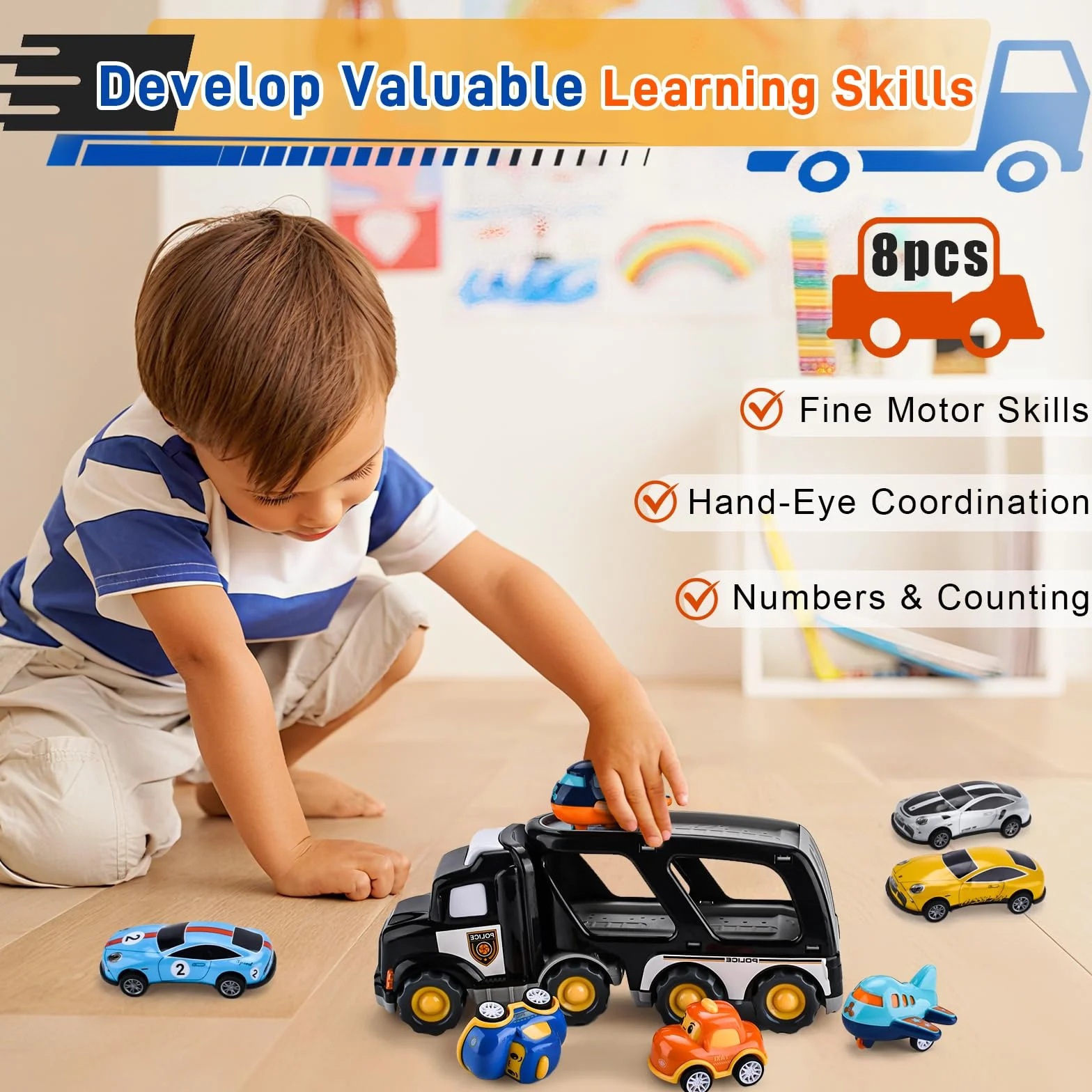 8 in 1 Camion Macchinine Giocattolo Trasportatore con Suoni e Luci per Bambini 1 2 3 4 5 Anni, 7 Mini Cars, Macchina Trucks Regalo per Bambino Ragazze Ragazzi