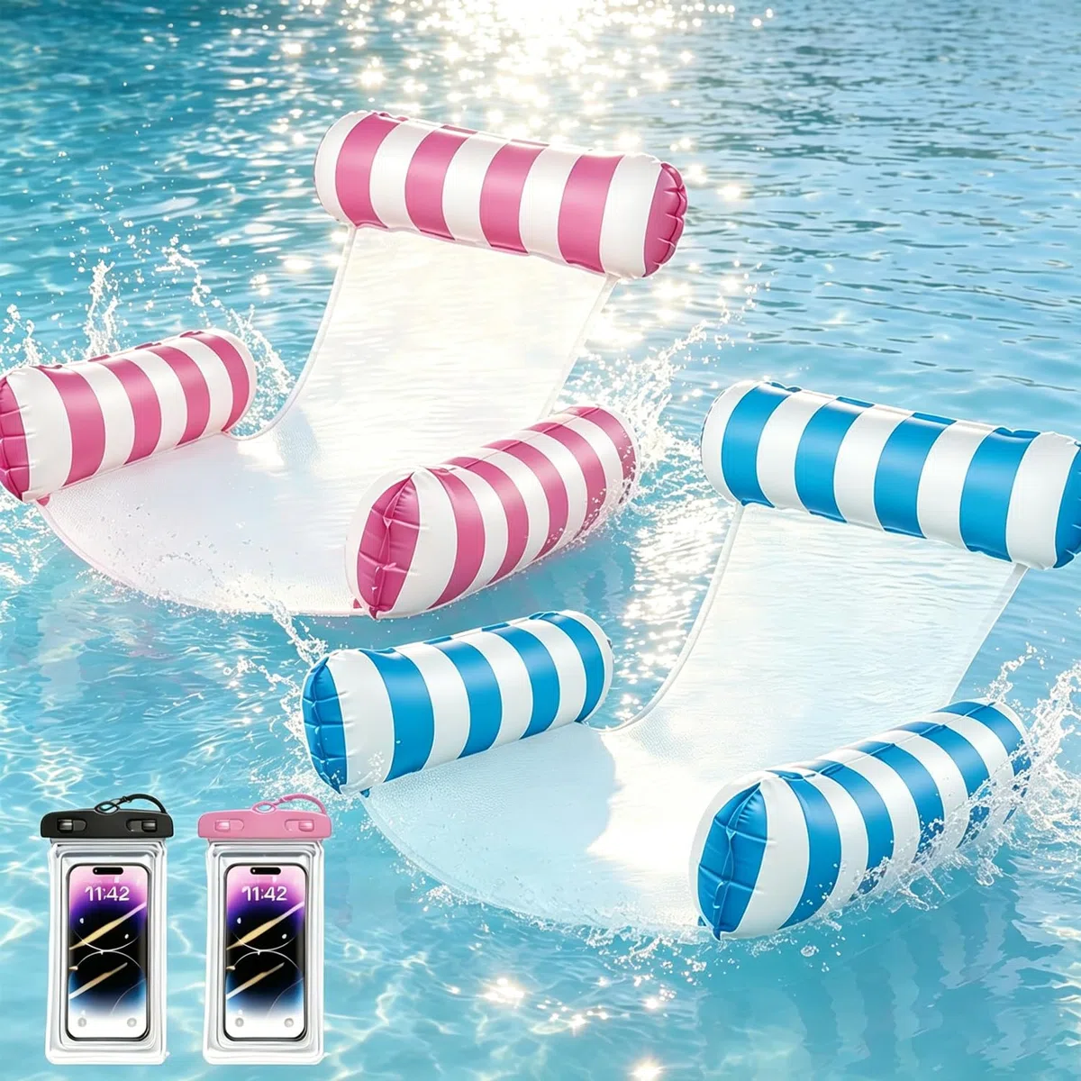 Materassino Mare XL,4 in 1 Amaca Galleggiante,Amaca Gonfiabile da Mare Portatile con 2 Custodia impermeabile per telefono,122 * 112cm per Adulti e Bambini Piscina e Spiaggia