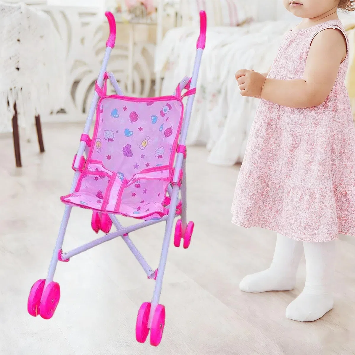 Passeggino per Bambole in Plastica E Tessuto, Carrozzina Interattiva (Bambola Non Inclusa) Pieghevole, Passeggino Giocattolo per Bambine Dotato Di Ruote Lisce a Doppia Fila