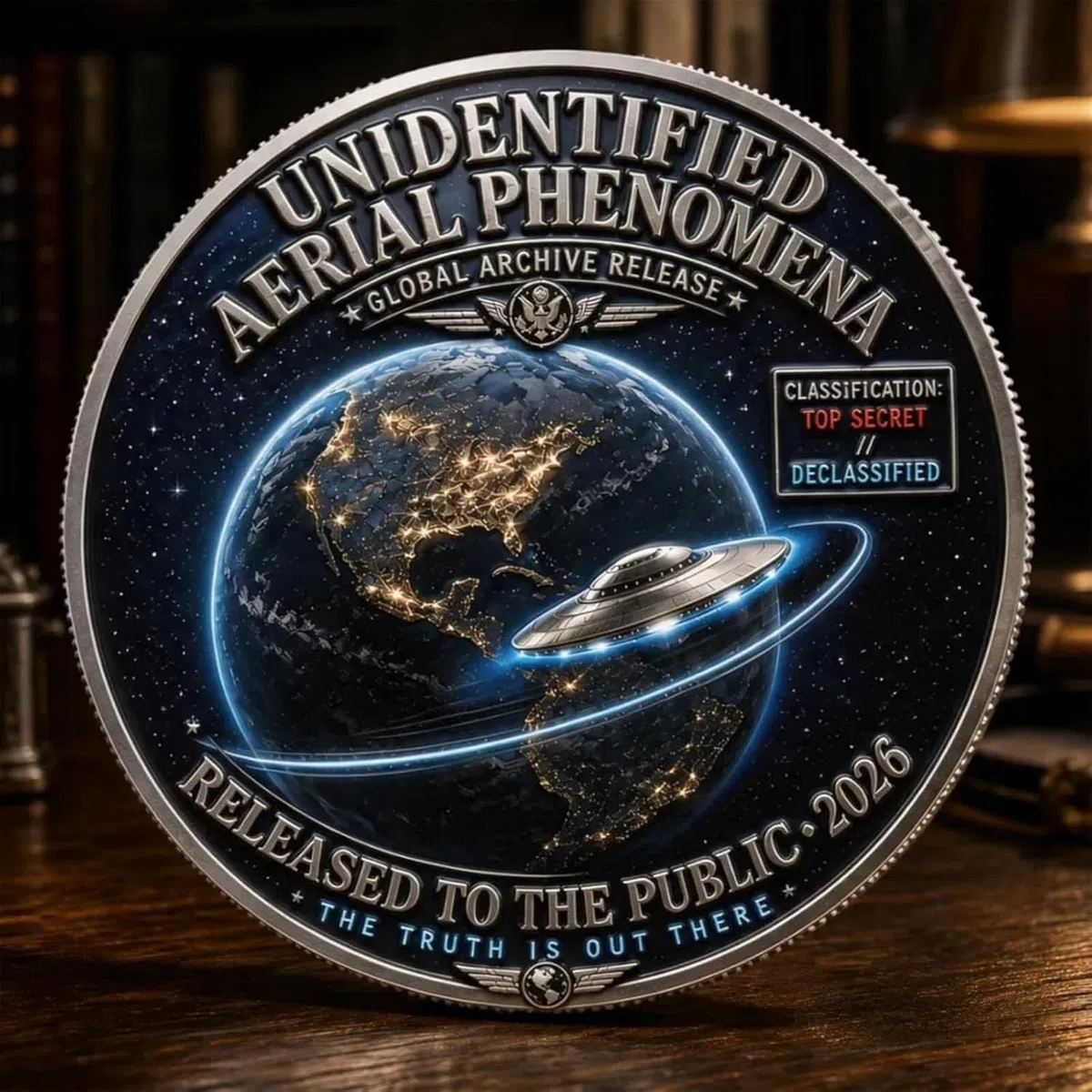 Moneta commemorativa UFO Disclosure 2026, moneta sfida a doppia faccia UFO Files, gettone da collezione Area 51 Declassified Files, appassionati di alieni e fantascienza (01#)