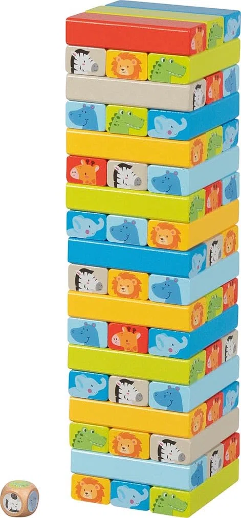 goki Geschicklichkeitsspiel Wackelturm mit Tiermotiven: 7,5 x 7,5 x 27 cm, Holz, 55 Teile, per Stück