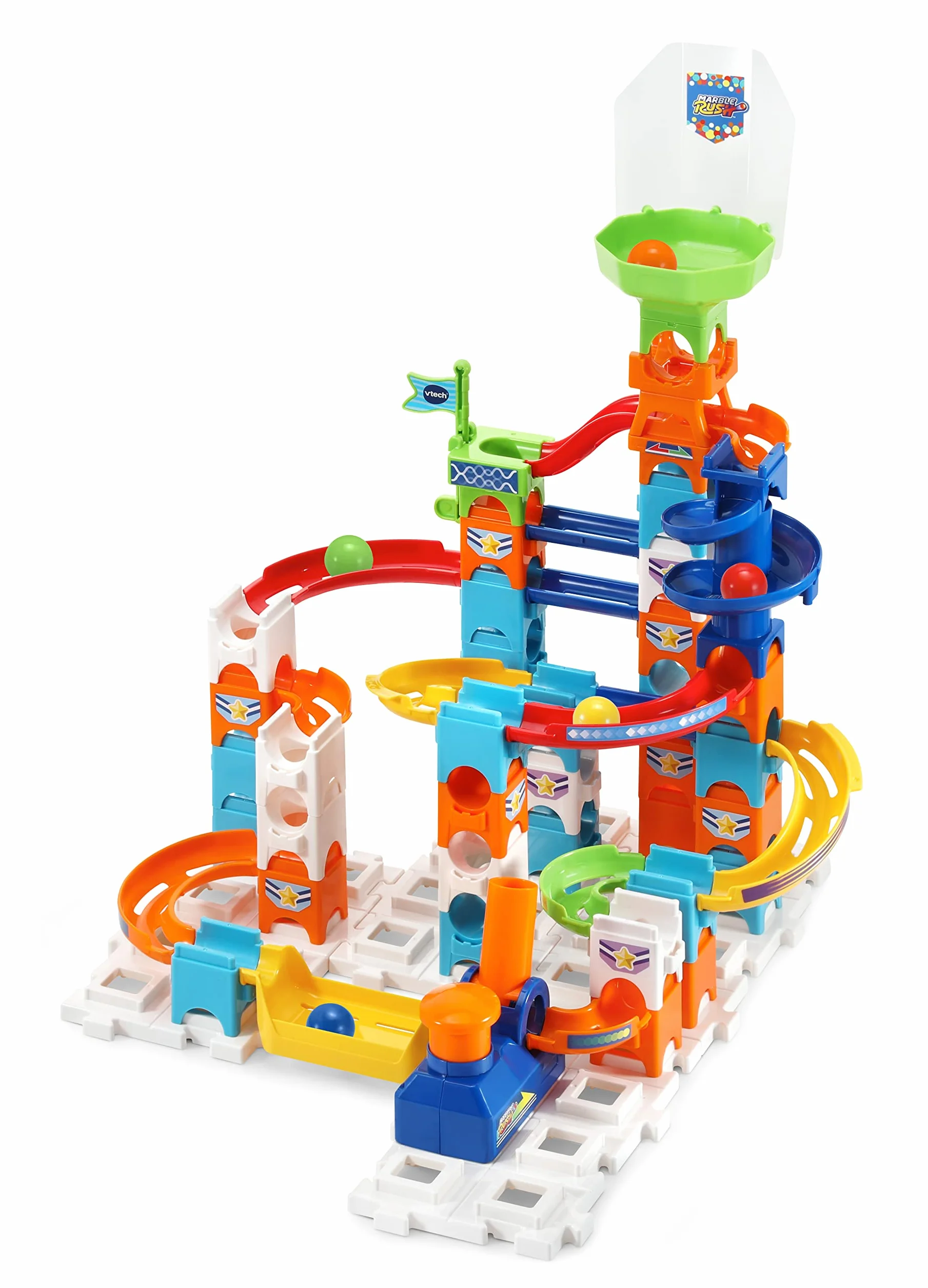 VTech Marble Rush - Adventure Set, Pista per Biglie con 62 Pezzi, 5 MarbleBiglie Incluse, Lanciatore e Area di Lancio, Molti Passaggi Segreti e Bivi, Tante Combinazioni, Batterie Incluse, 4+ Anni