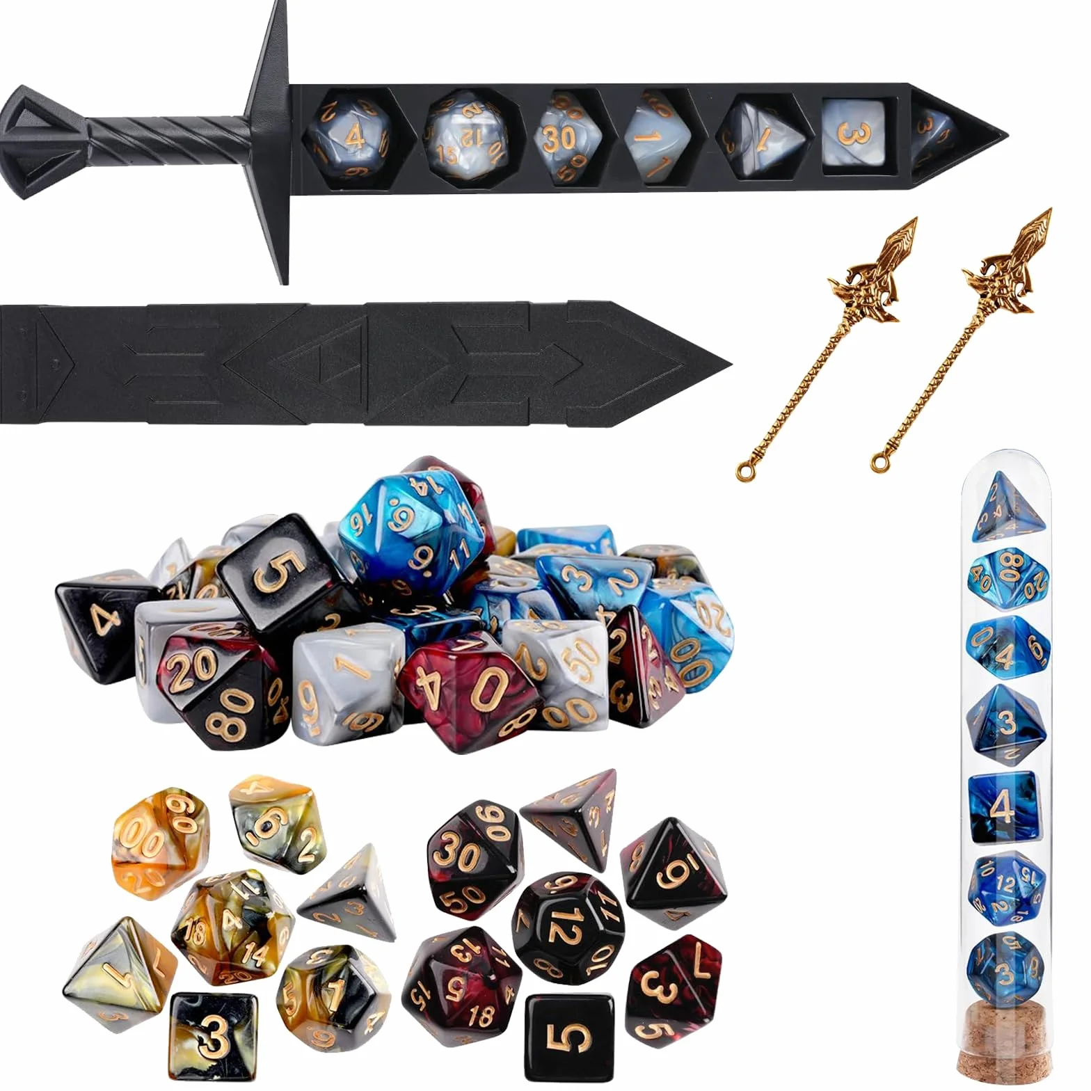 Set di Dadi Poliedrici, Dadi Fantasy, Dado per Giochi da Tavolo, Collezione da 28 Dado, con Custodia Spada, per Giochi di Ruolo e Strategia