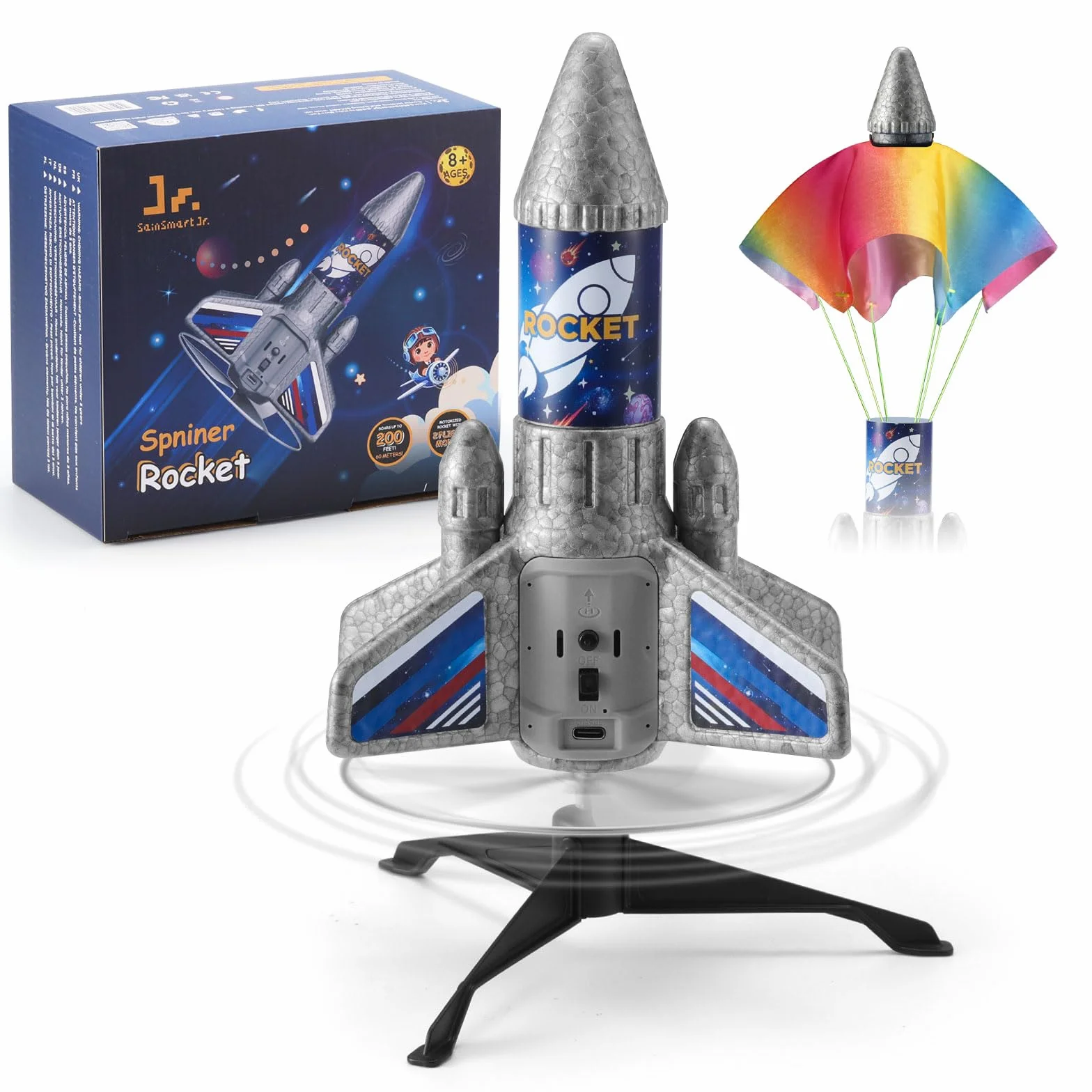 SainSmart Jr. Giocattoli per Bambini con Paracadute Luce LED Motorizzato Rocket Giocattoli All'aperto Regali per Bambini 6 7 8 9 anni