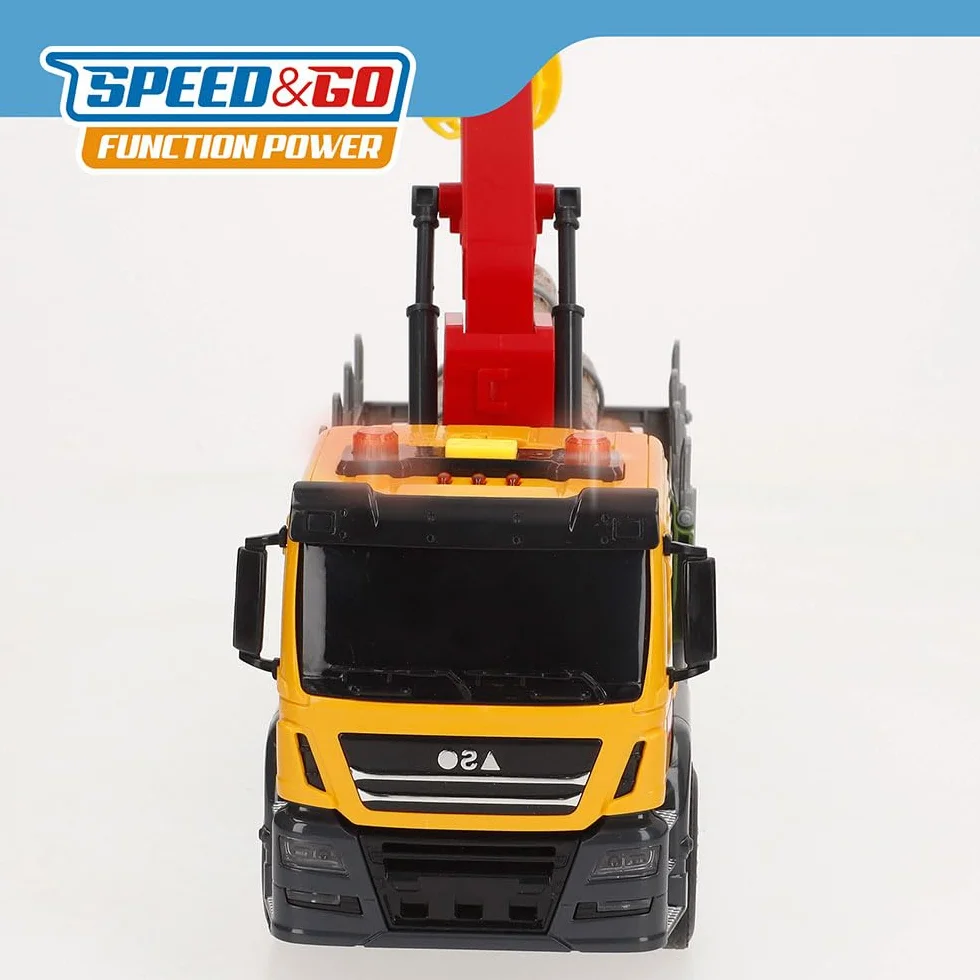 ColorBaby Speed & Go Camion di legno giocattolo con luci e suoni, braccio estensibile, attrito, interattivo, sistema di attrito, scala 1:14, auto per bambini a partire da 3 anni (39064)