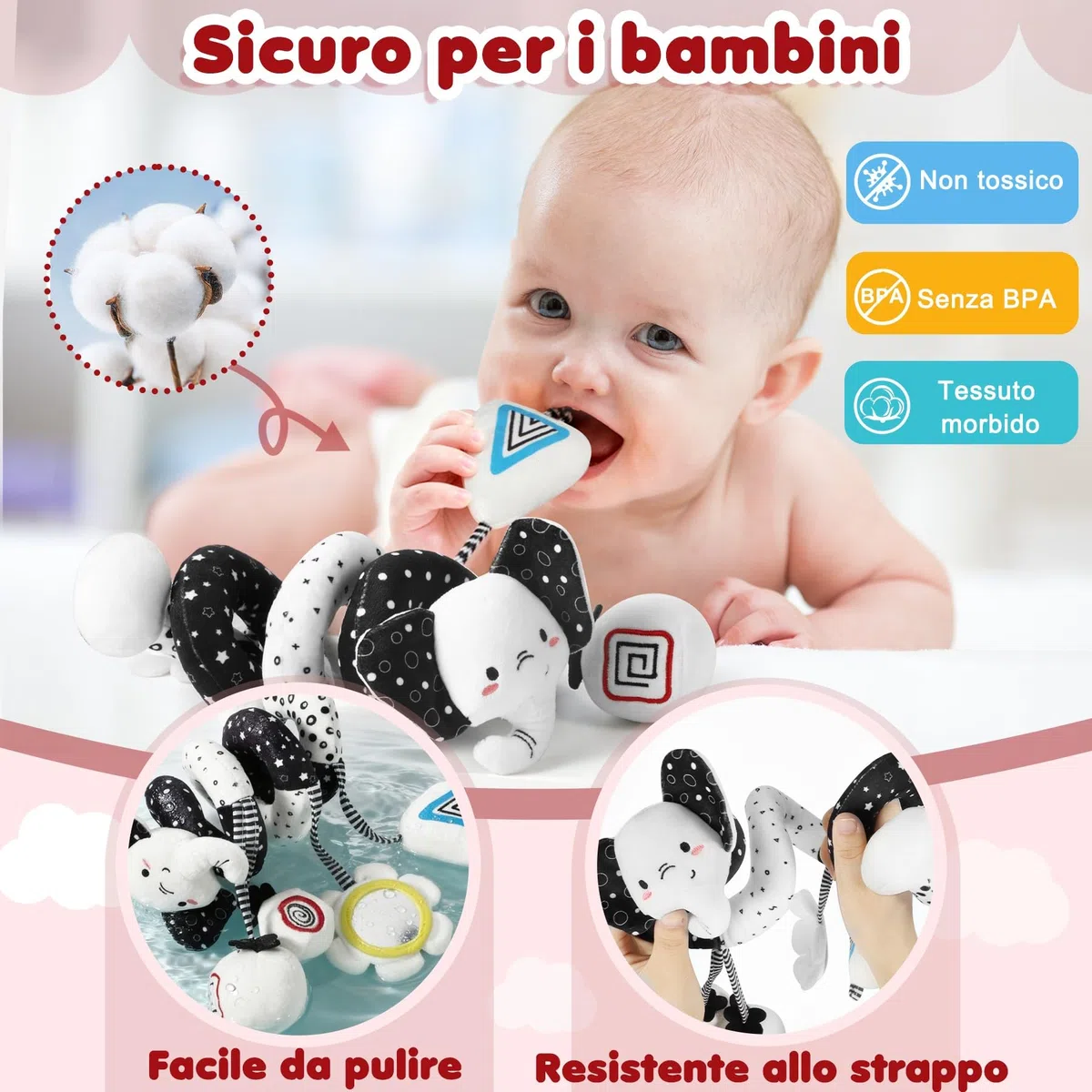 URMYWO Spirale Passeggino Neonato, Arco Giochi Neonato con attività Montessori Sensoriali, Pratico da Appendere a Passeggino Lettino e Seggiolino, Idea Regalo per Sviluppare Motricità 0-6 Mesi