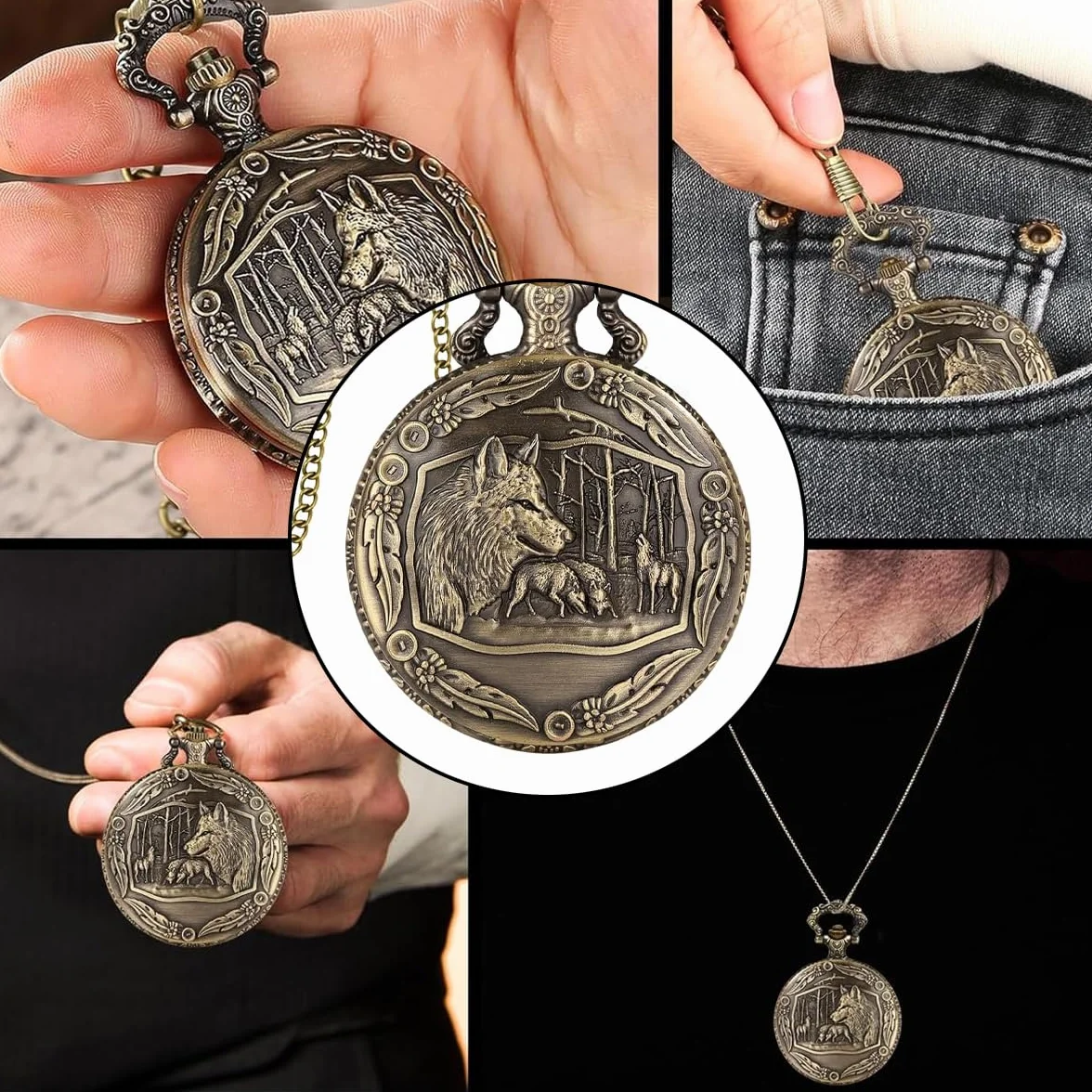 Mini set di dadi DND con orologio a forma di testa di lupo in rilievo, 7 dadi poliedrici in lega di zinco, catena in bronzo anticato, confezione regalo per giochi di ruolo da tavolo