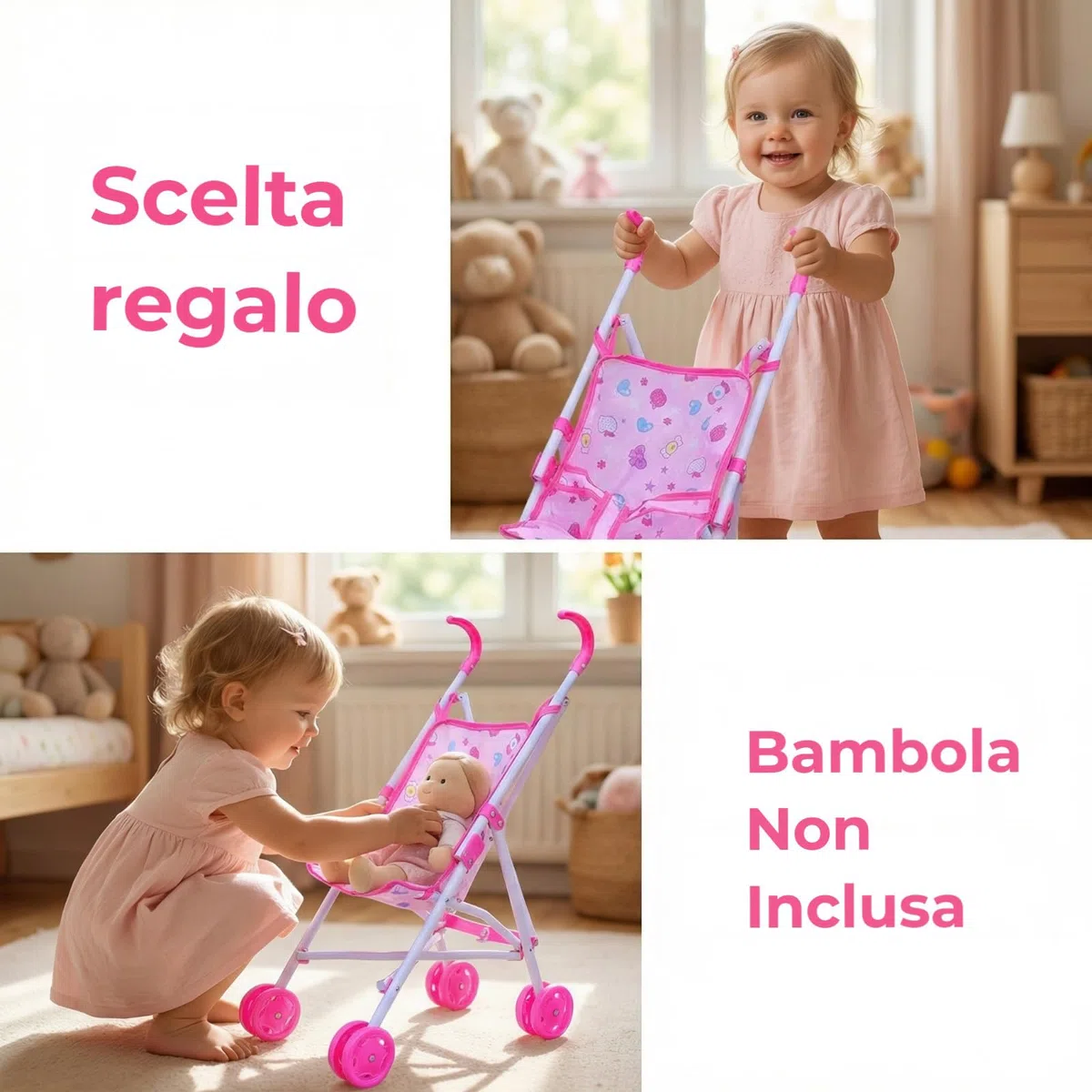 Passeggino per Bambole in Plastica E Tessuto, Carrozzina Interattiva (Bambola Non Inclusa) Pieghevole, Passeggino Giocattolo per Bambine Dotato Di Ruote Lisce a Doppia Fila