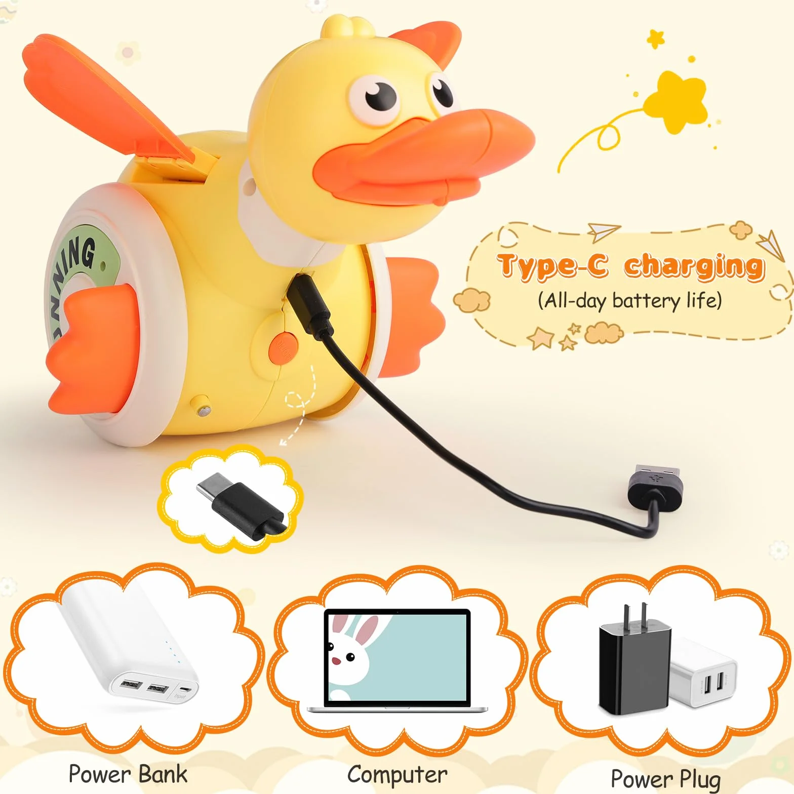 Paperella che striscia, giocattolo per bambini di 1 anno, con controllo del suono e della velocità, ricaricabile tramite USB, per bambini dai 6 mesi ai 5 anni