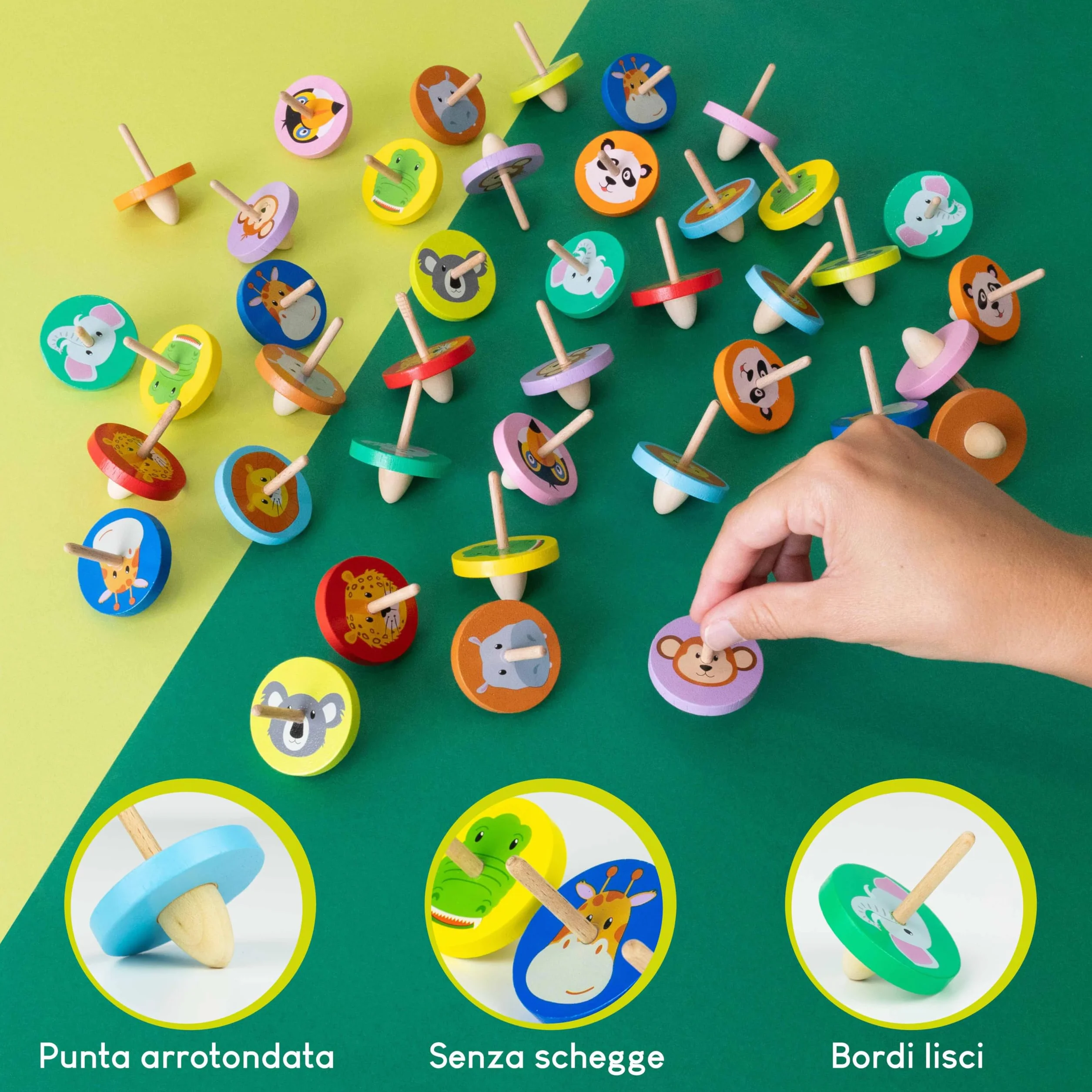 BONNYCO Trottola Bambini Legno Pack 40 Animali Giungla. Trottole Gadget Compleanno Bambini, Mini Giochi Regalini Fine Festa Compleanno. Regalino Fine Festa Dopo Invitati, Pensierini Giochini Scuola