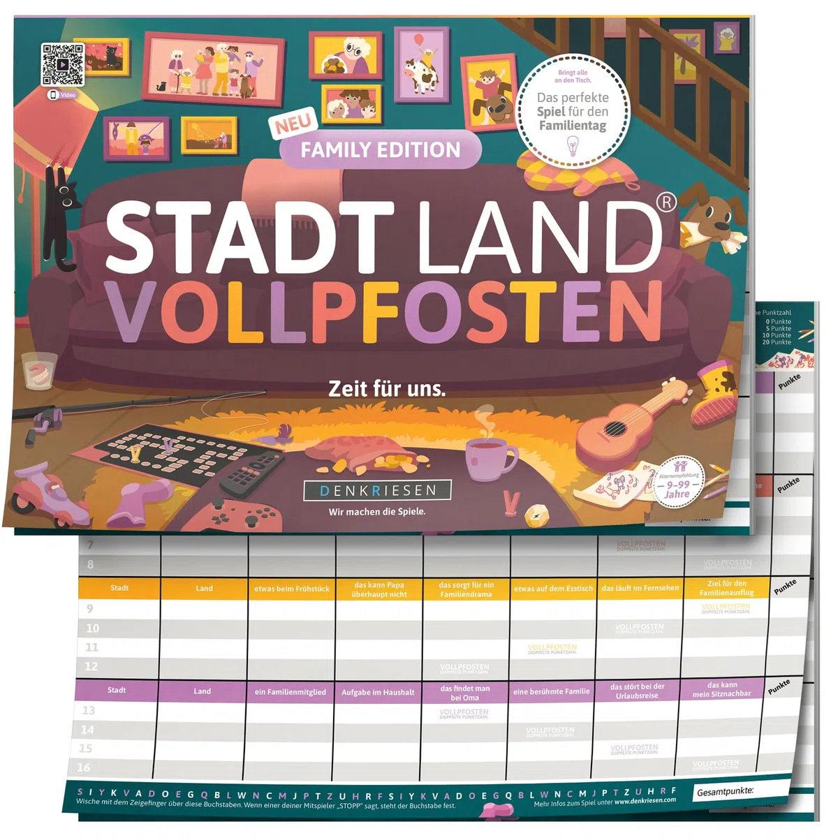 Stadt Land VOLLPFOSTEN Family Edition - Blocco da gioco A4, divertente gioco di parole con 26 categorie, gioco di famiglia per bambini e adulti dai 9 anni in su, per 2+ giocatori, ideale per tempo in