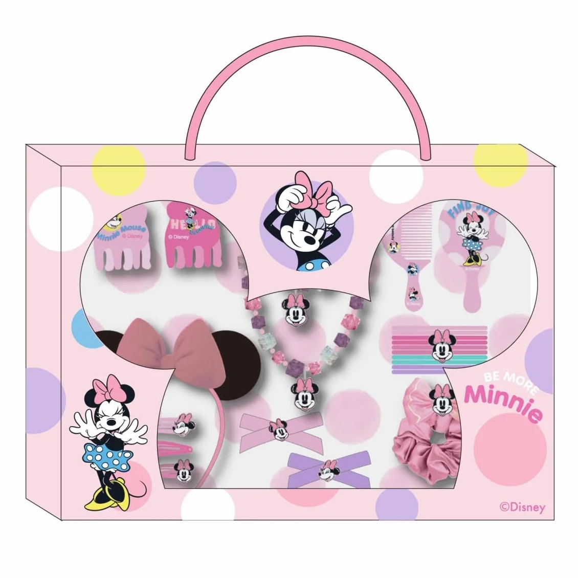 Set di bellezza di Minnie Mouse - Include 1 elastico in tessuto, 10 elastici, 2 pinzette, 3 forcine, 2 spazzole, 1 fascia, 1 collana, 1 bracciale e 1 anello - Prodotto originale progettato in Spagna