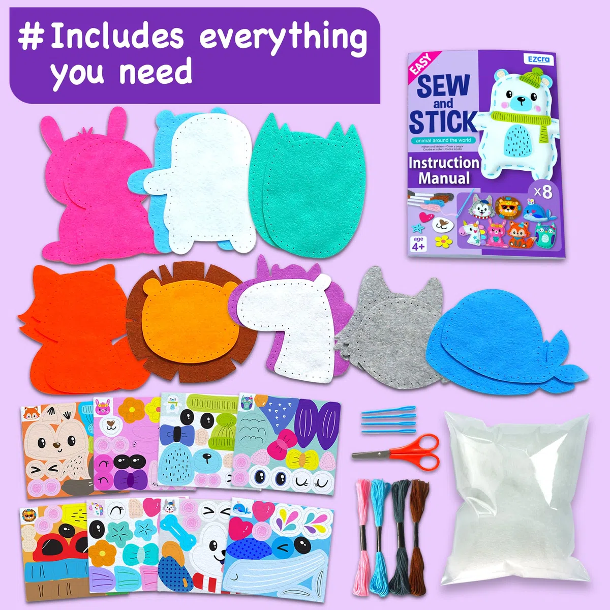 EZCRA Kit Cucito Bambine 8 Progetti Unicorno e Animali Feltro 4-8 Anni