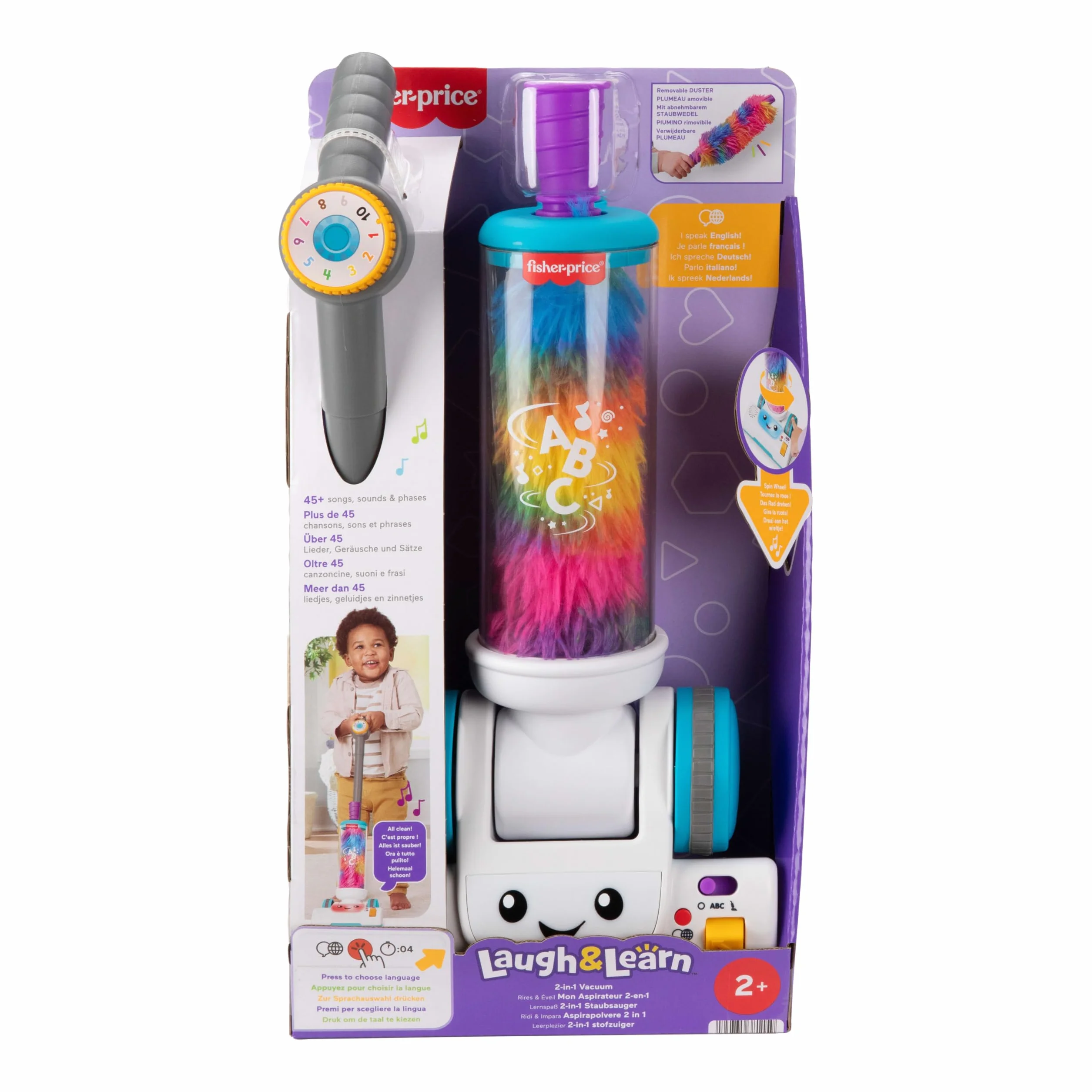 Fisher-Price - Aspirapolvere Ridi & Impara, Giocattolo con spolverino Rimovibile, 45 Canzoni, luci e Frasi per Imparare divertendosi, Versione Italiano +UK+FR+DE, 2+ Anni, JMM33