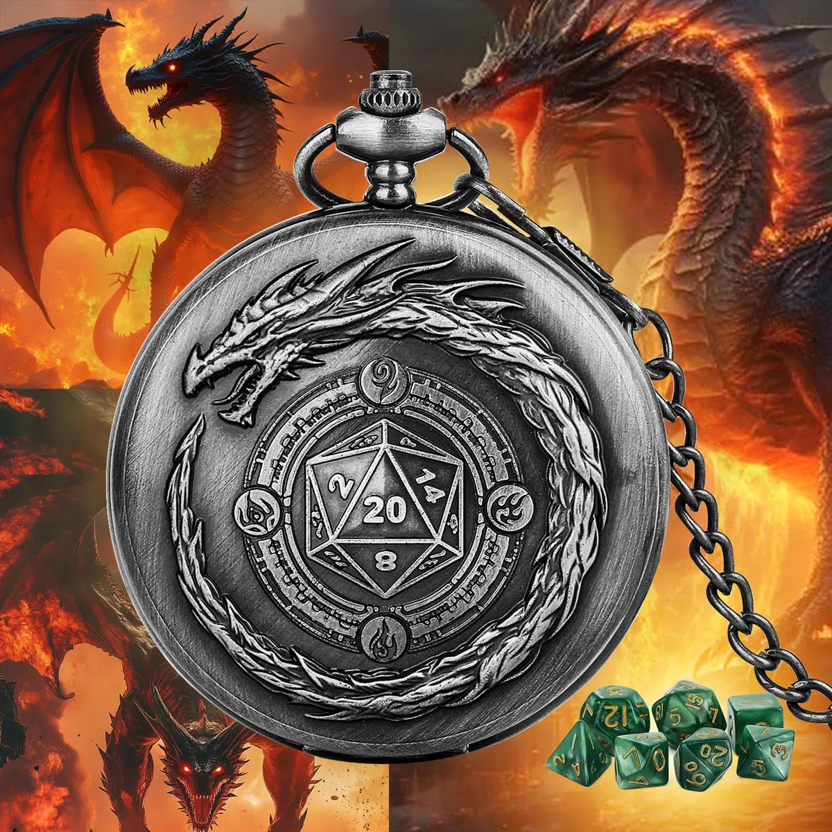 D&D - Set di 7 dadi poliedrici in acrilico poliedrico, con logo del drago, accessori per giochi di ruolo, colore argento scuro e verde