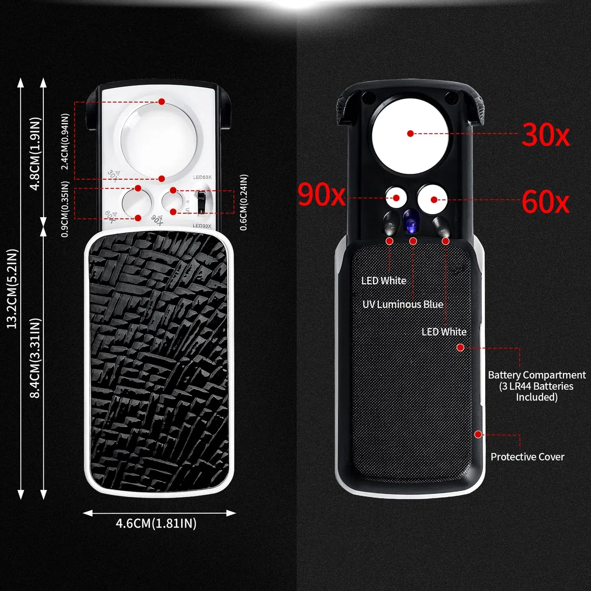 OS19 OS19 - Ingranditore Lente d'ingrandimento tascabile estraibile, 30x, 60x, 90x, con luce LED UV, portatile, per gioielli, diamanti, gemme, monete, francobolli, rocce, piante, casa, ufficio