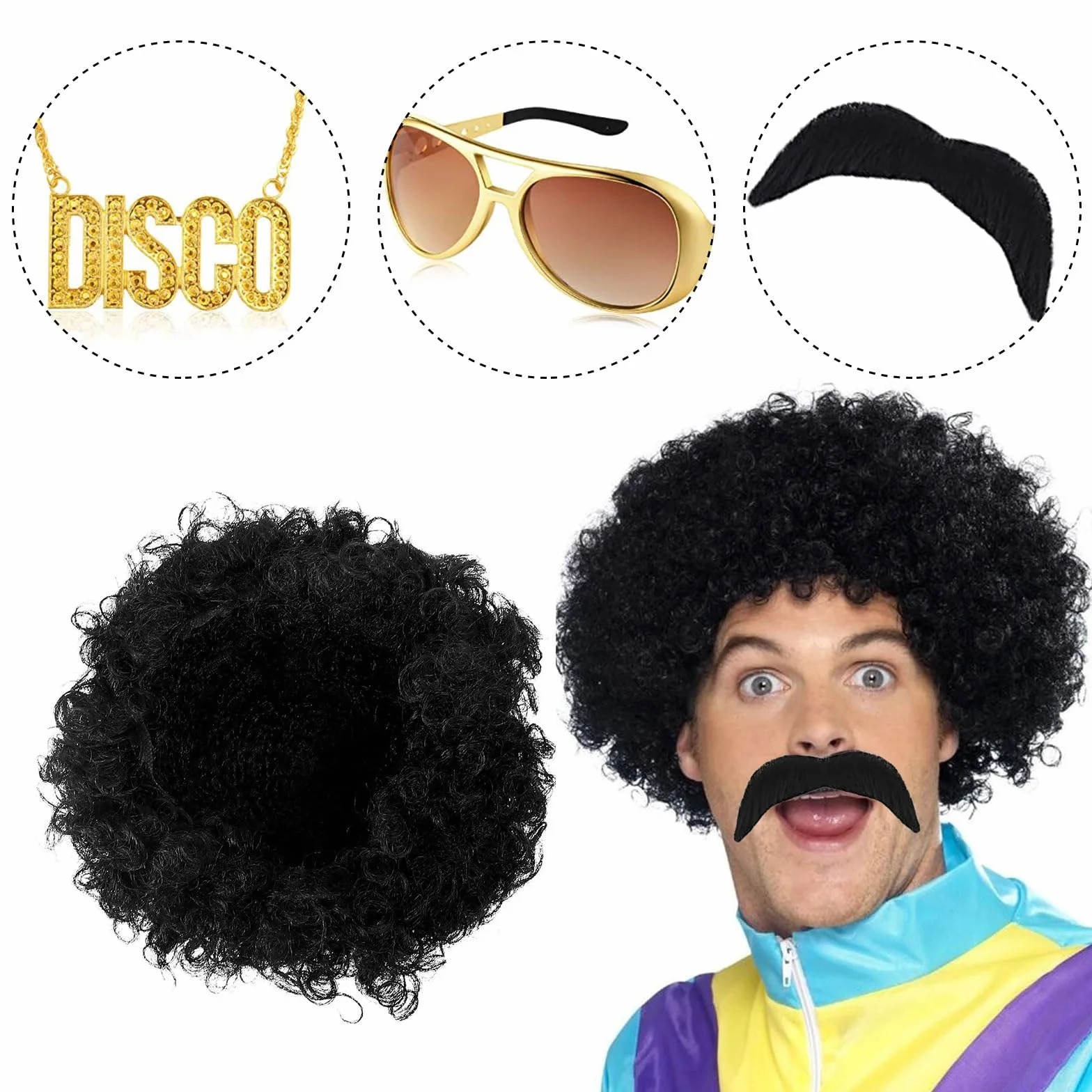 VIKSAUN 5 Pezzi Set di Costumi Hippie, Accessori Rapper Anni '80/'90, Parrucca Afro Funky, Parrucca Anni '70 '80 da Discoteca, Costume Anni '60 Anni '70 Costume Carnevale Discoteca Adatto