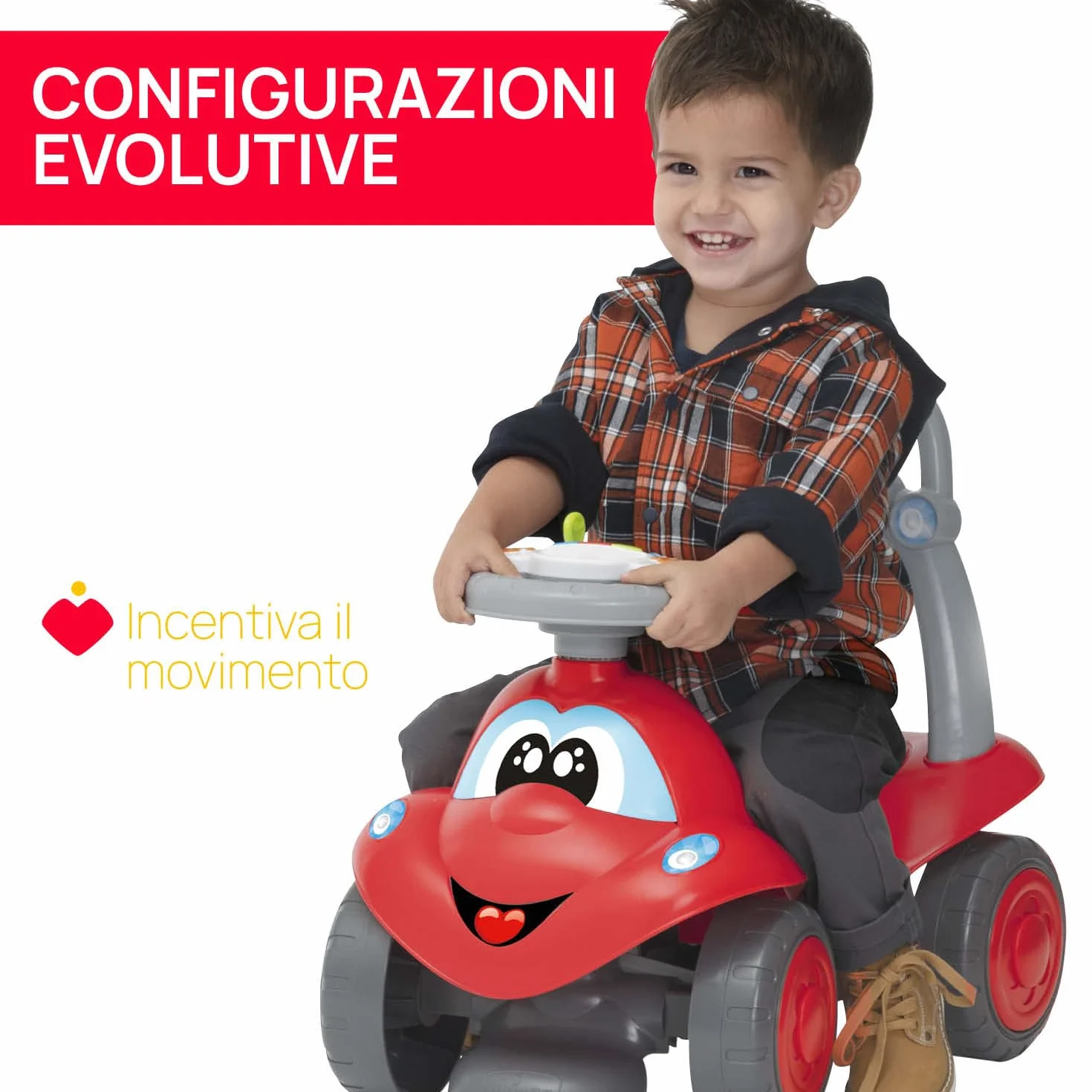 Chicco Billy Walk&Ride Eco+, Primi Passi, Girello e Cavalcabile, Assemblaggio Semplice, Manubrio Ergonomico, Ruote Larghe, Con Suoni e Luci di Guida, in Plastica Riciclata, Bambini 12-36 Mesi, Rosso