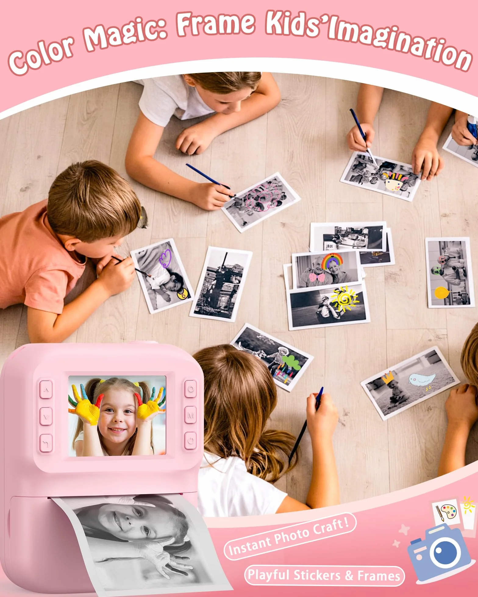 Macchina Fotografica Bambini, Schermo 2.4 HD Pollici e, Scheda da 32 GB e 3 Rotoli di Carta Fotografica, 1080P Macchina Fotografica Istantanea, Adatto Bambini dai 3 ai 12 Anni (Rosa)