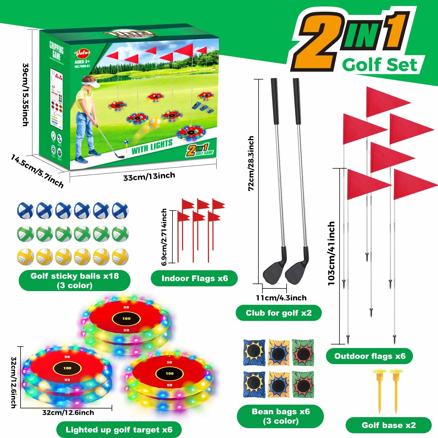 VATOS 2-in-1 Golf con luci per bambini - Gioco di chipping e lancio di borse con 6 bersagli LED, 2 mazze, 18 palline, golf notturno per feste in interni ed esterni, regali sportivi per bambini di età