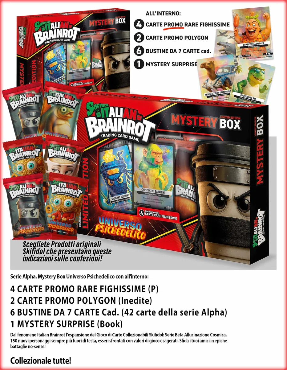 Generico Skifidol Italian Brainrot Mystery Box Universo Psichedelico, Trading Card Game, Edizione Limitata con 4 Carte Promo Rare, 2 Polygon e 42 Carte Serie Alpha