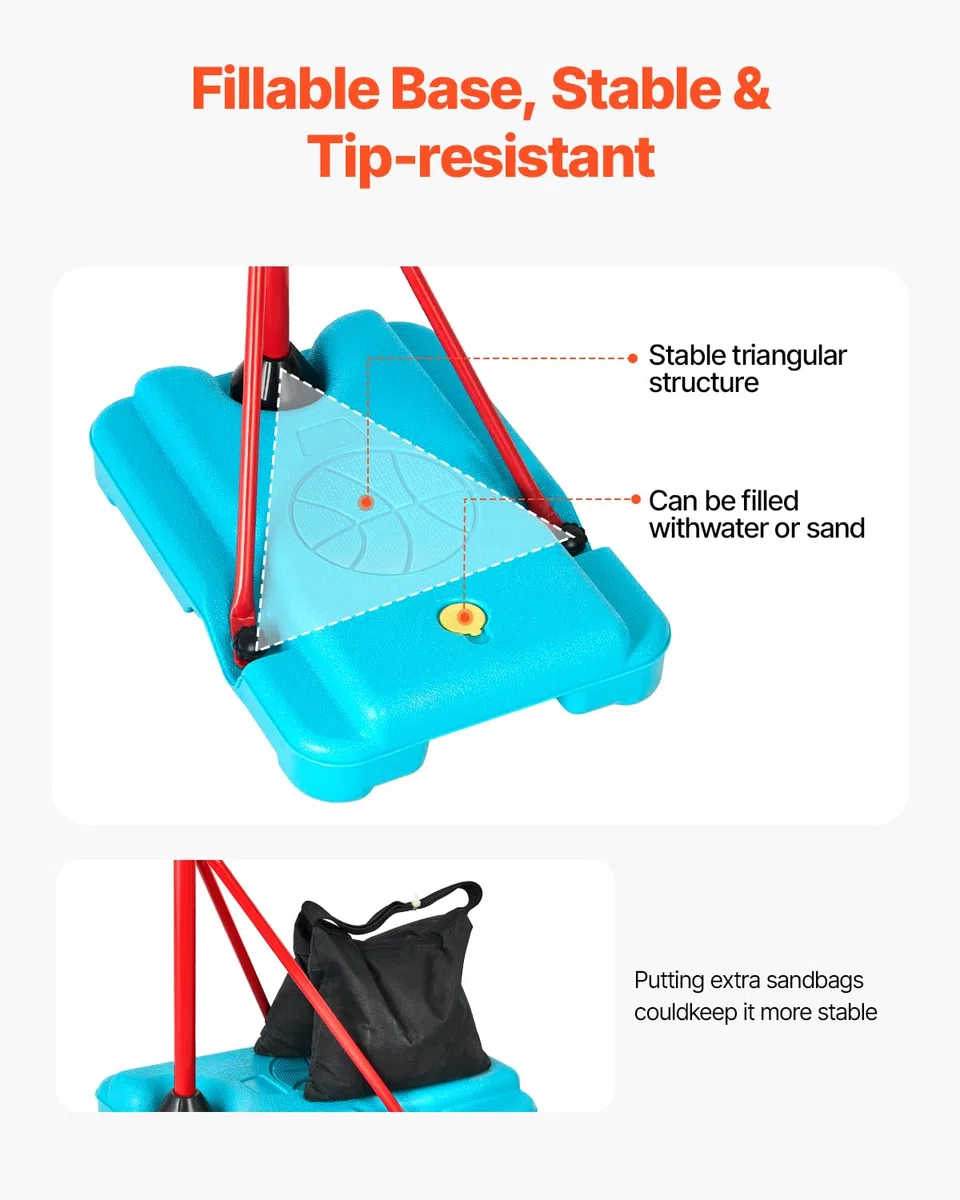 VEVOR Canestro da Basket per Bambini, Altezza Regolabile, Campo da Basket Portatile con Base Riempibile, Gioco Sportivo da Giardino per Interni ed Esterni, Giocattoli da Basket per Bambini, Rosso Blu
