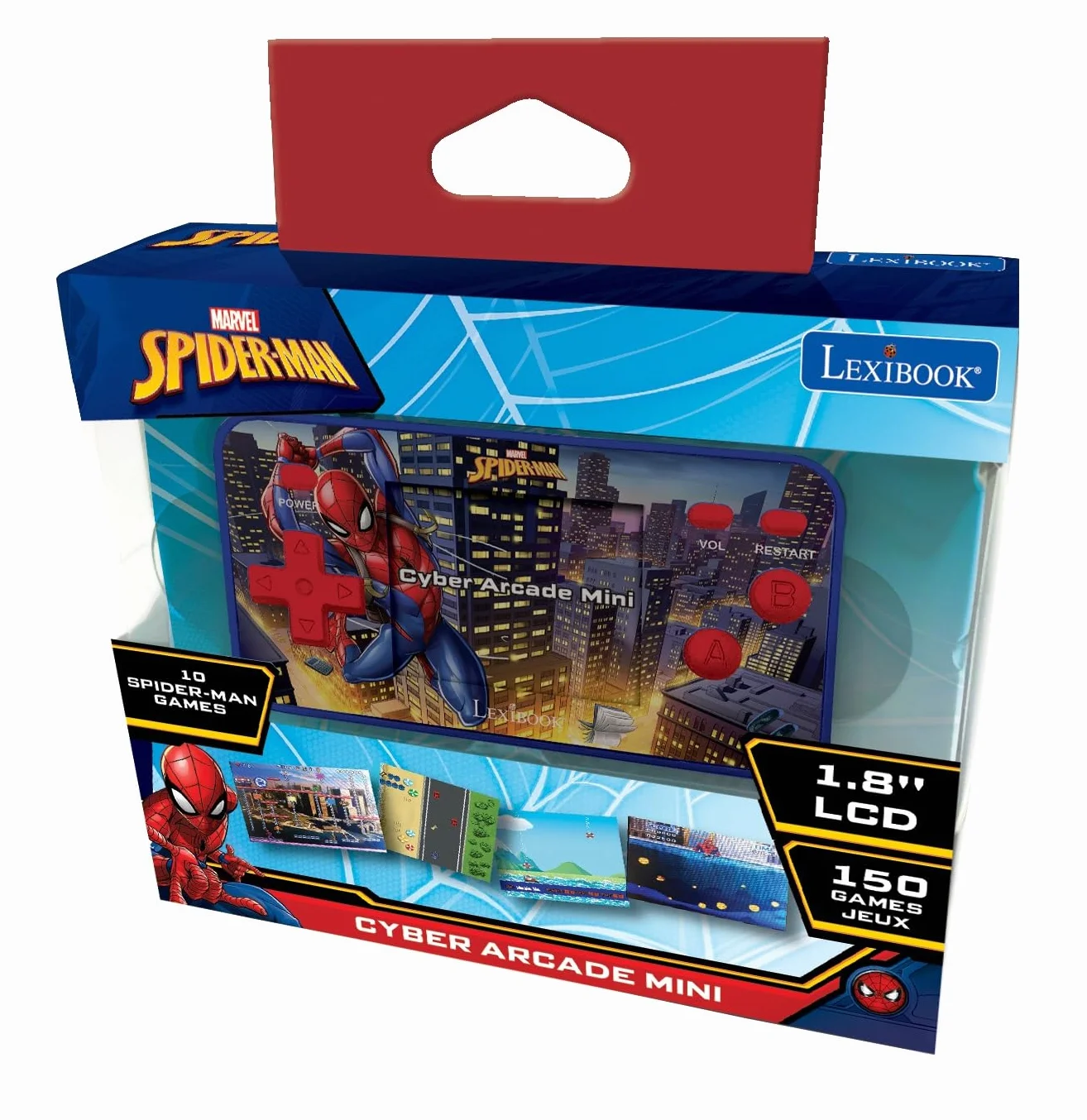 Lexibook Spider-Man Console di gioco portatile Cyber Arcade Pocket, 150 giochi, LCD, batteria, rosso / blu, JL1895SPLXB