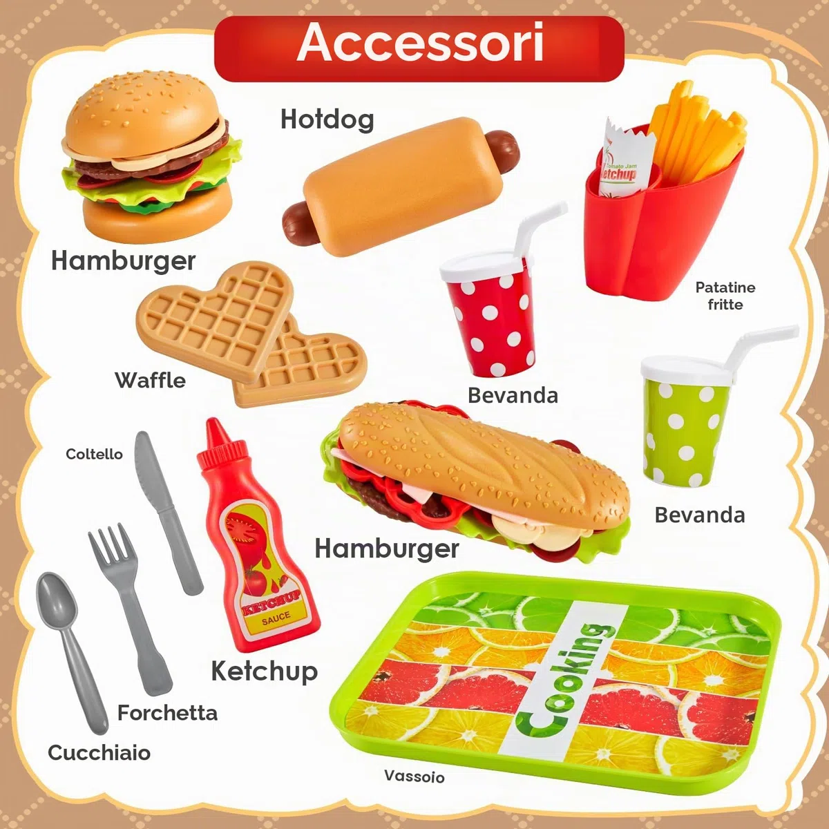 BUYGER Set Cibo Cucina Giocattolo per Bambini con Hamburger Hot Dog, Accessori Cucina Alimenti Finto, Giochi di Ruolo, Regalo per Bambini 3 + Anni