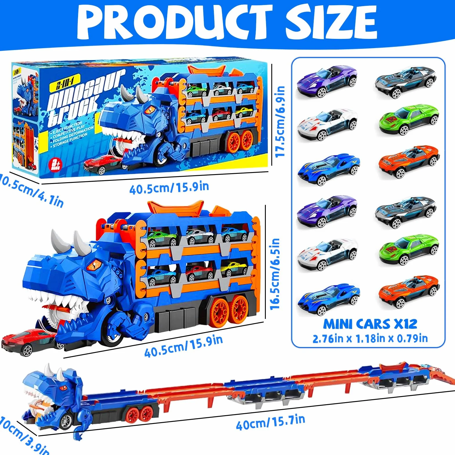 Camion dei Trasporti Dinosauro Giocattolo per Bambini, Giocattolo 3 in 1 con Pista Piegevole e Lanciatore, Camion Portatile con 12 Auto da Corsa, Regalo per Bambini di 3 4 5 6 7 8 Anni