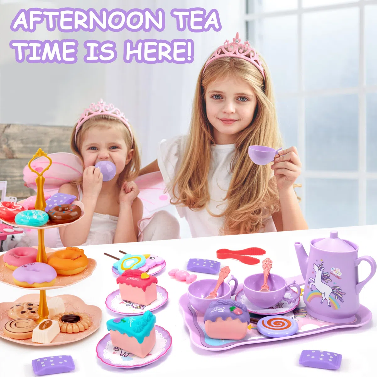 Set da Tè per Bambini, 42 Pezzi Set da Tè Giocattoli Accessori Cucina Bambini, Servizio da tè e Valigia Unicorno, Tea Party Finta di Giocare, Compleanno Regalo per Bambina 3 4 5 6 7 Anni