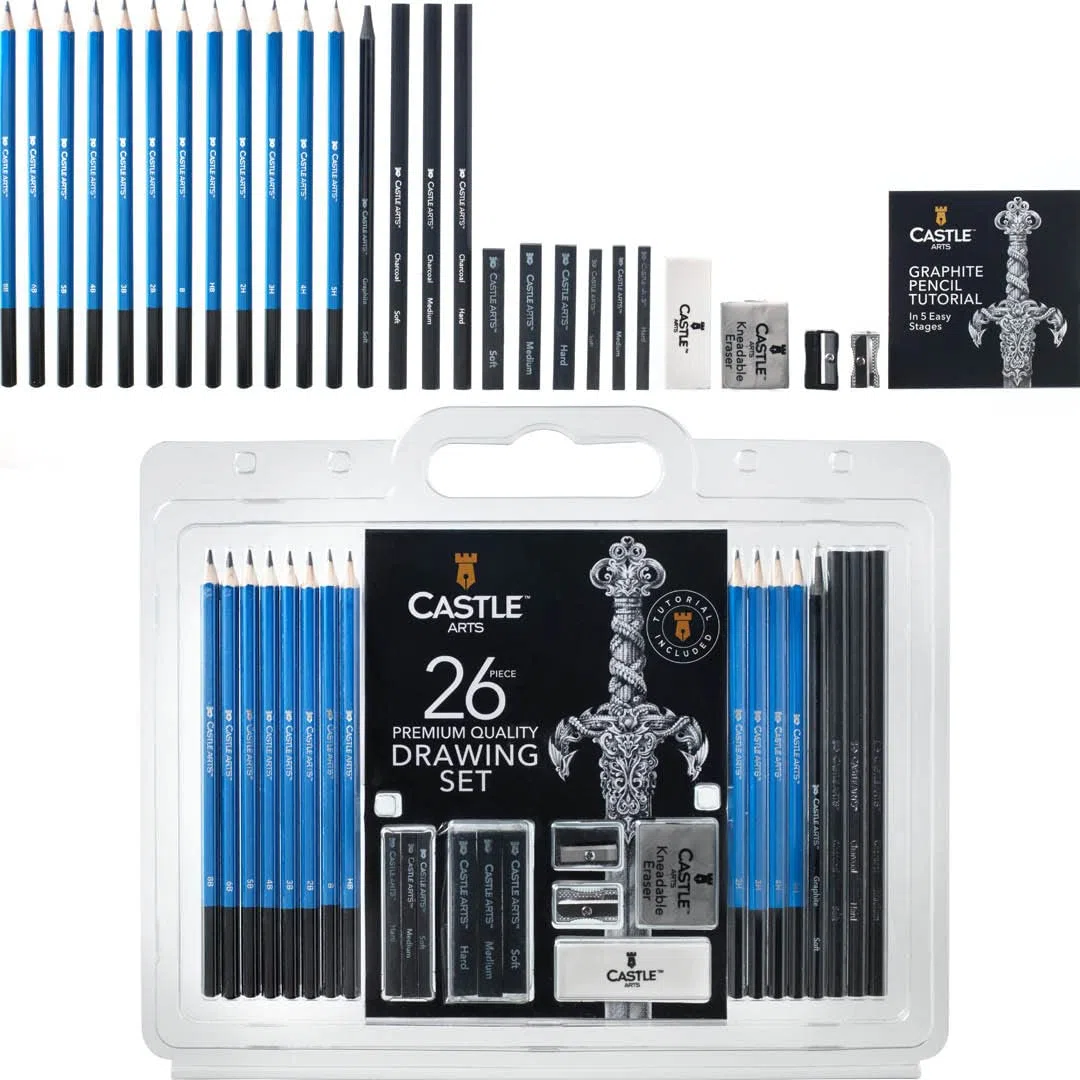 Castle Art Supplies Set 26 Pezzi per Disegno e Bozzetto | Per Artisti Principianti o Professionisti | Matite, Carboncini, Grafiti e Molto Altro | In Custodia di Trasporto a Forma di Conchiglia