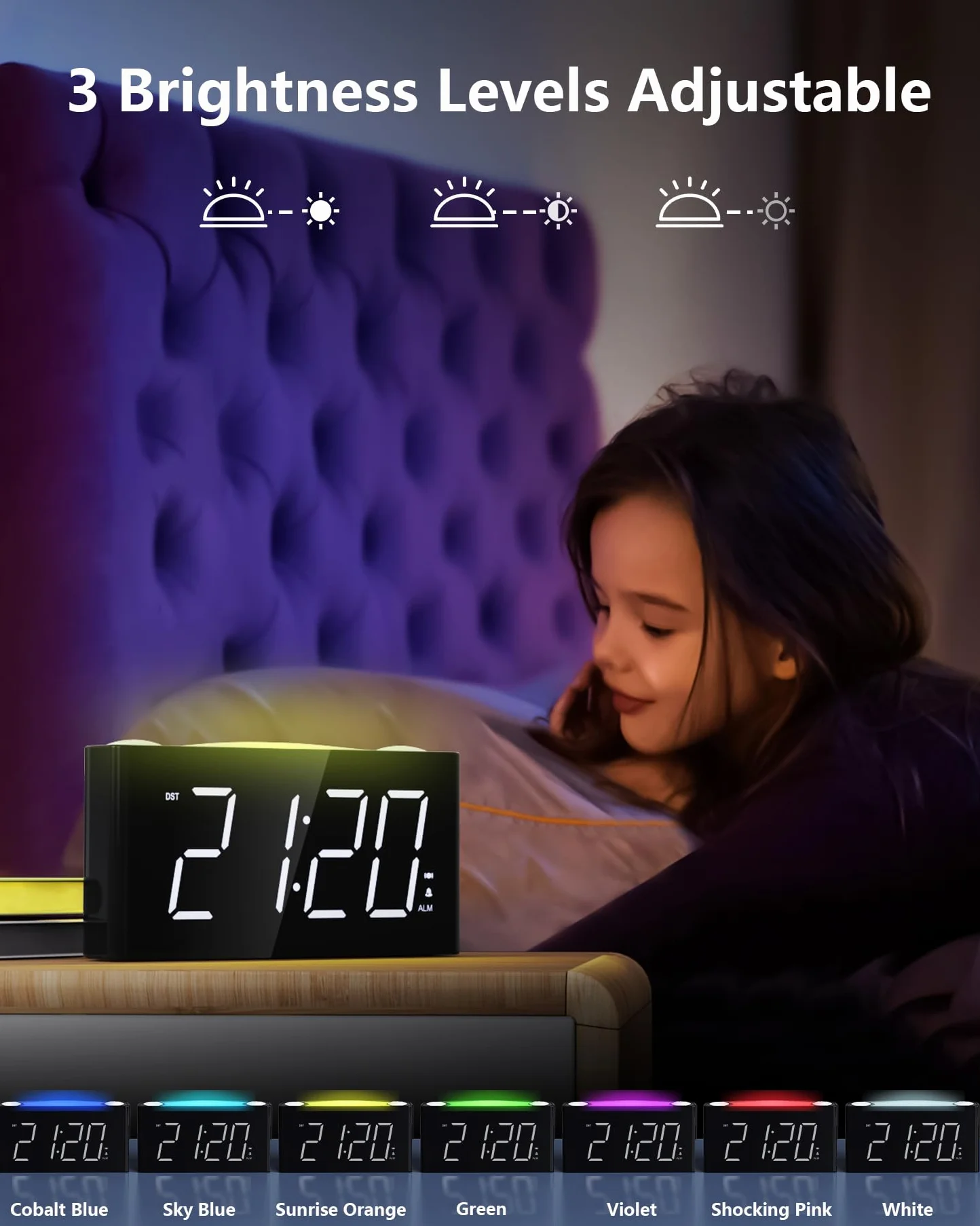 Sveglia con vibrazione per dormiglioni e persone con problemi di udito, tipo caricatore C, 12/24 H, sveglia ad alto volume con 7 luci notturne, grande display LED, dimmer, snooze, batteria di backup